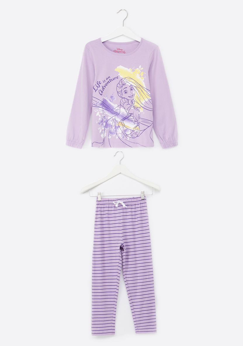Rapunzel Printed Round Neck T-shirt and Striped Pyjama Set-Nightwear-image-0