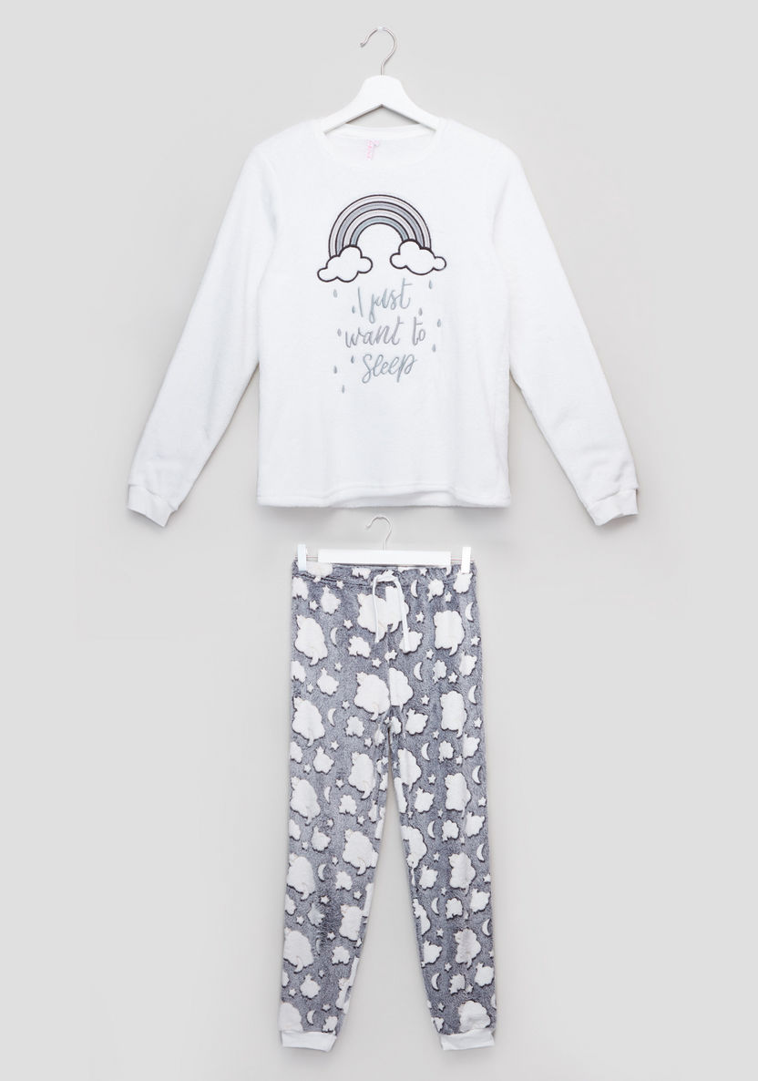 Juniors Embroidered T-shirt with Printed Jog Pants-Nightwear-image-0