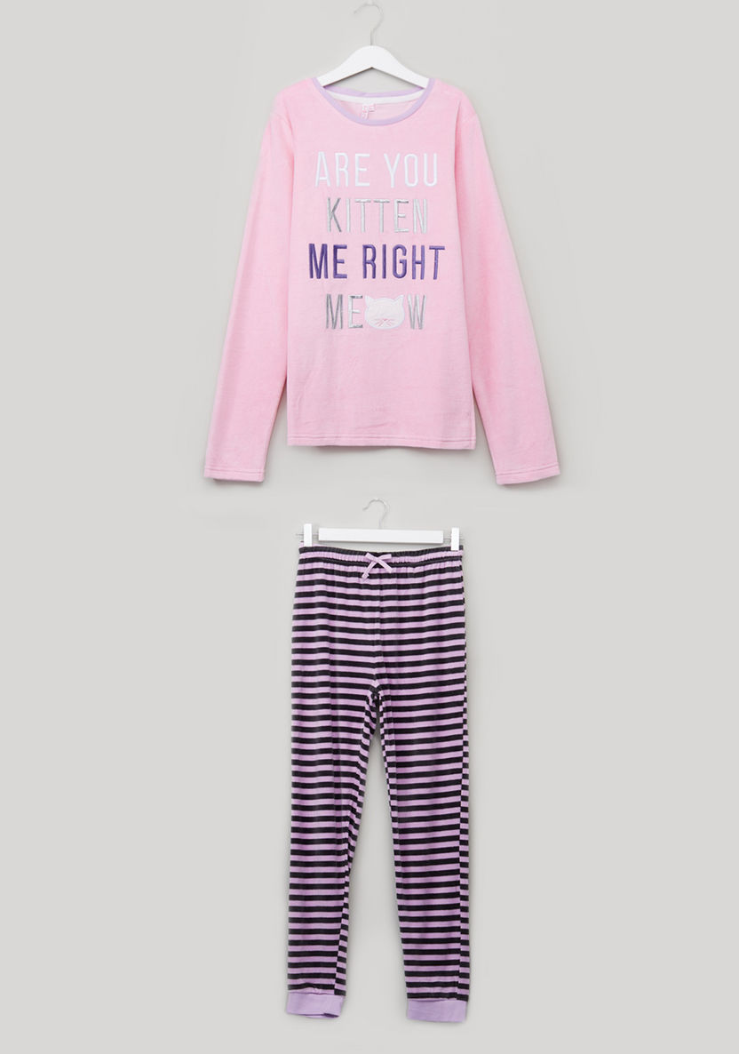 Juniors Text Embroidered Velour Pyjama Set-Clothes Sets-image-0