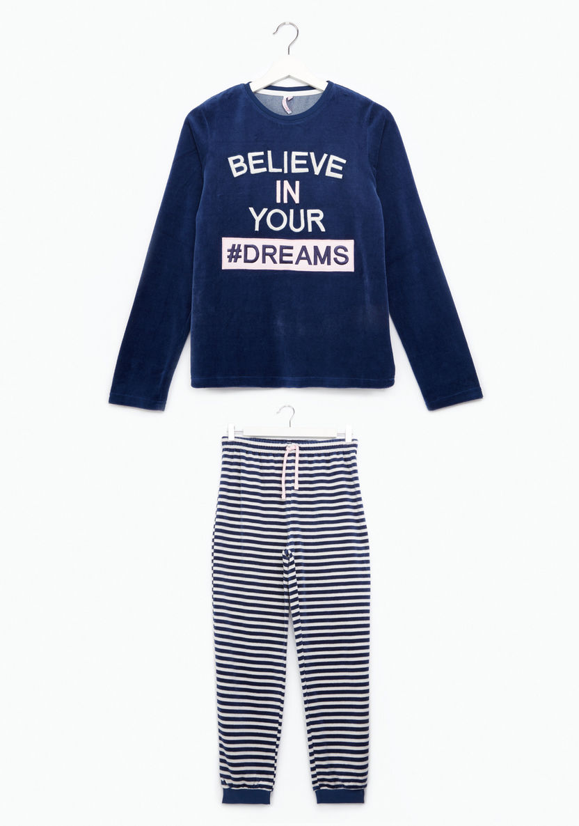 Juniors Printed Long Sleeves T-shirt with Striped Jog Pants-Clothes Sets-image-0