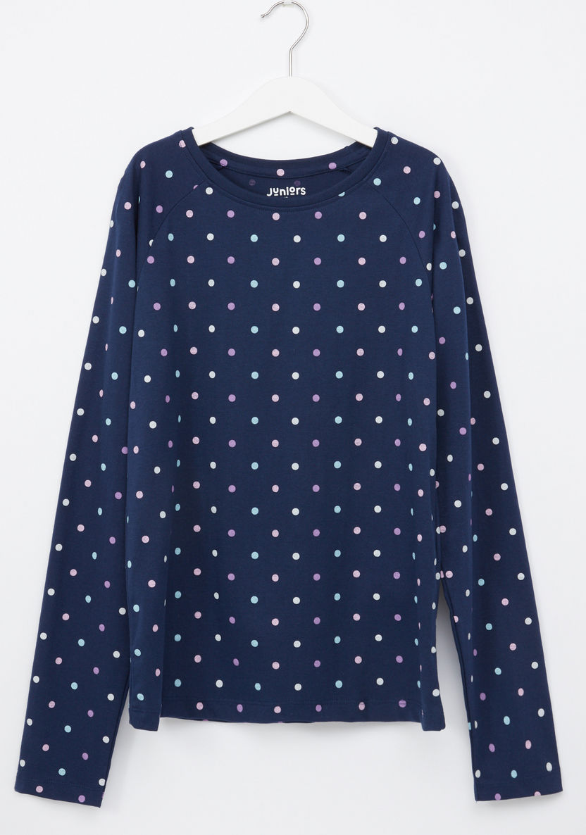 Juniors Polka Dot Printed T-shirt and Pyjama Set-Nightwear-image-1