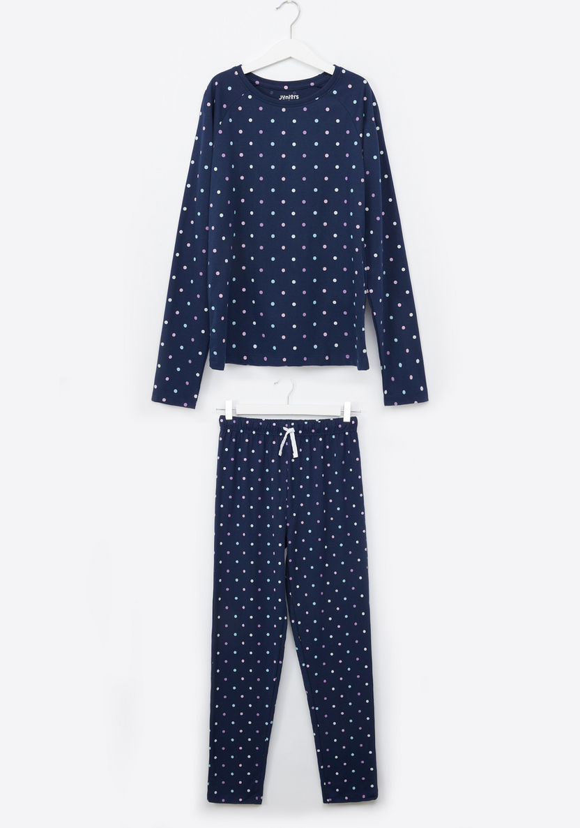 Juniors Polka Dot Printed T-shirt and Pyjama Set-Nightwear-image-0