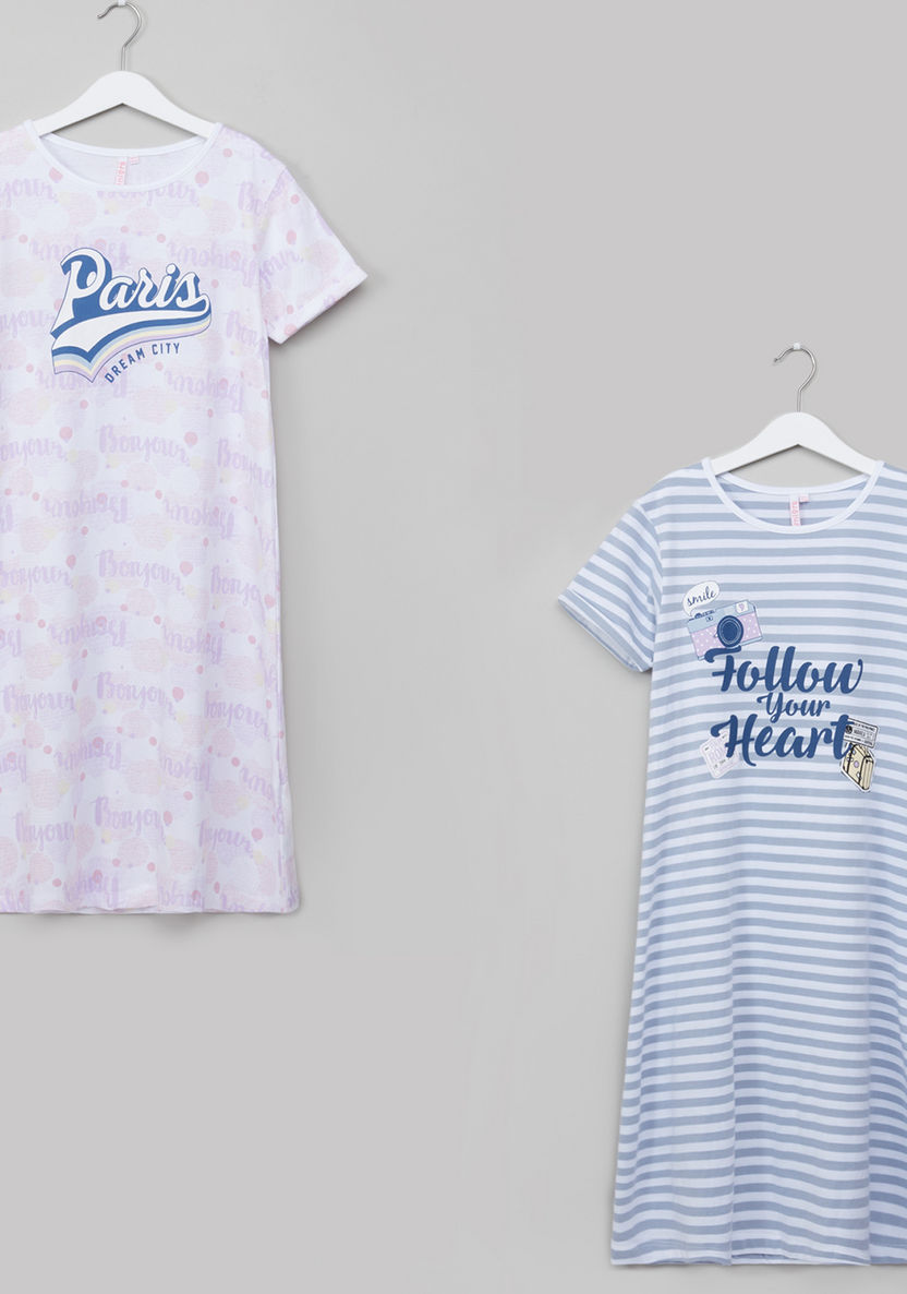 Juniors Printed Short Sleeves Night Dress - Set of 2-Nightwear-image-0