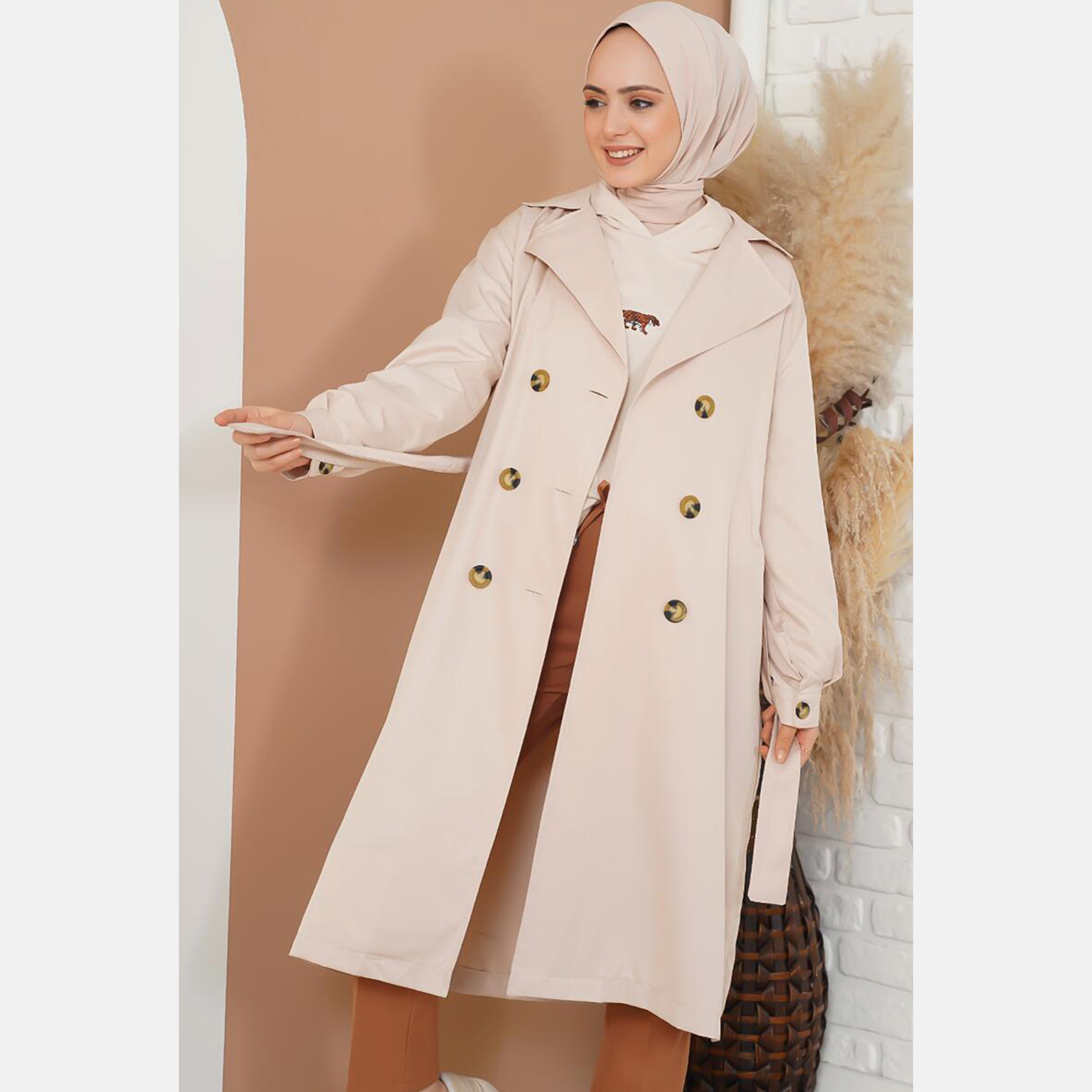 Bigdart Lapel collar Women's Double Breasted Overcoat with Hijab-women-clothing-coatsandjackets-coats-image-1