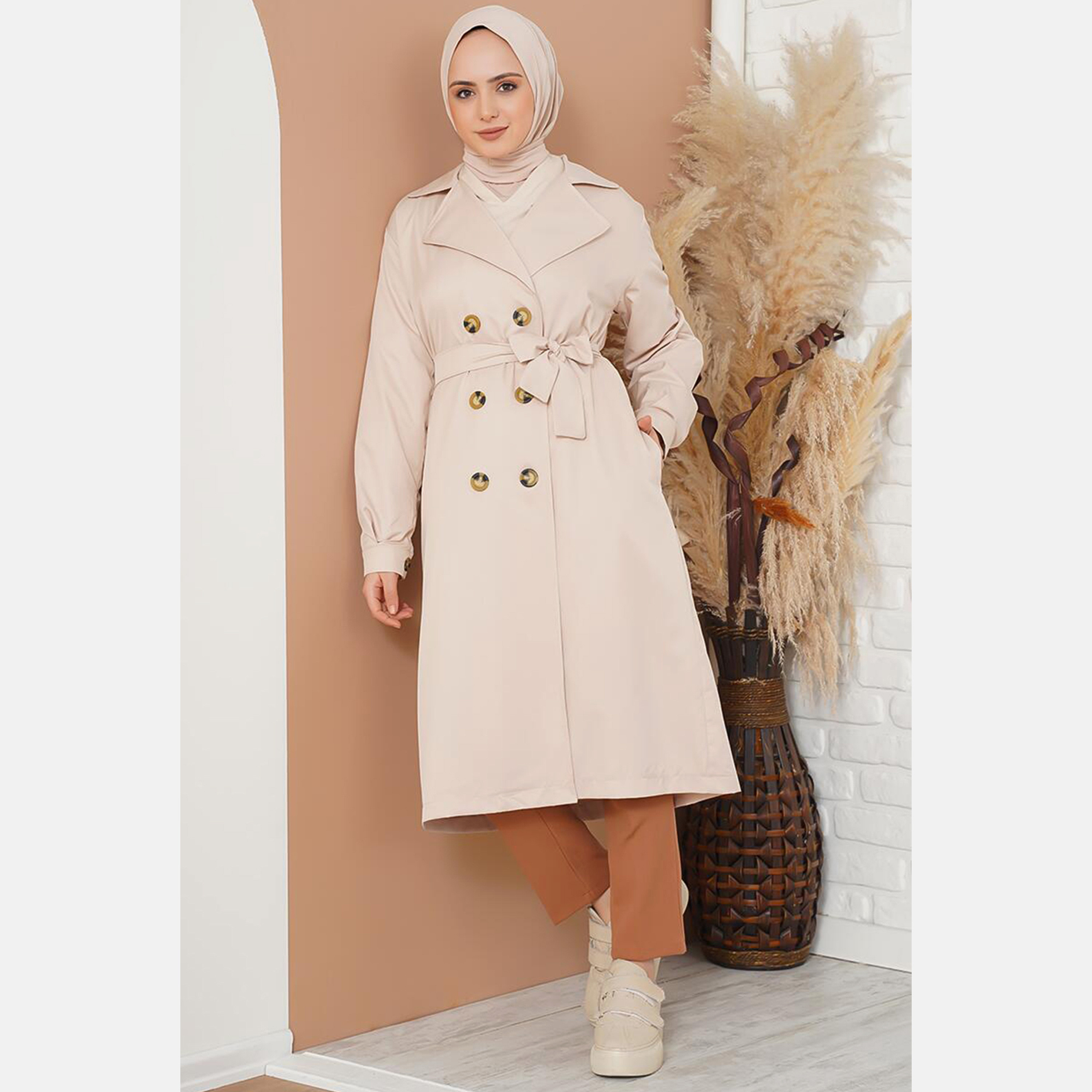 Bigdart Lapel collar Women's Double Breasted Overcoat with Hijab-women-clothing-coatsandjackets-coats-image-2