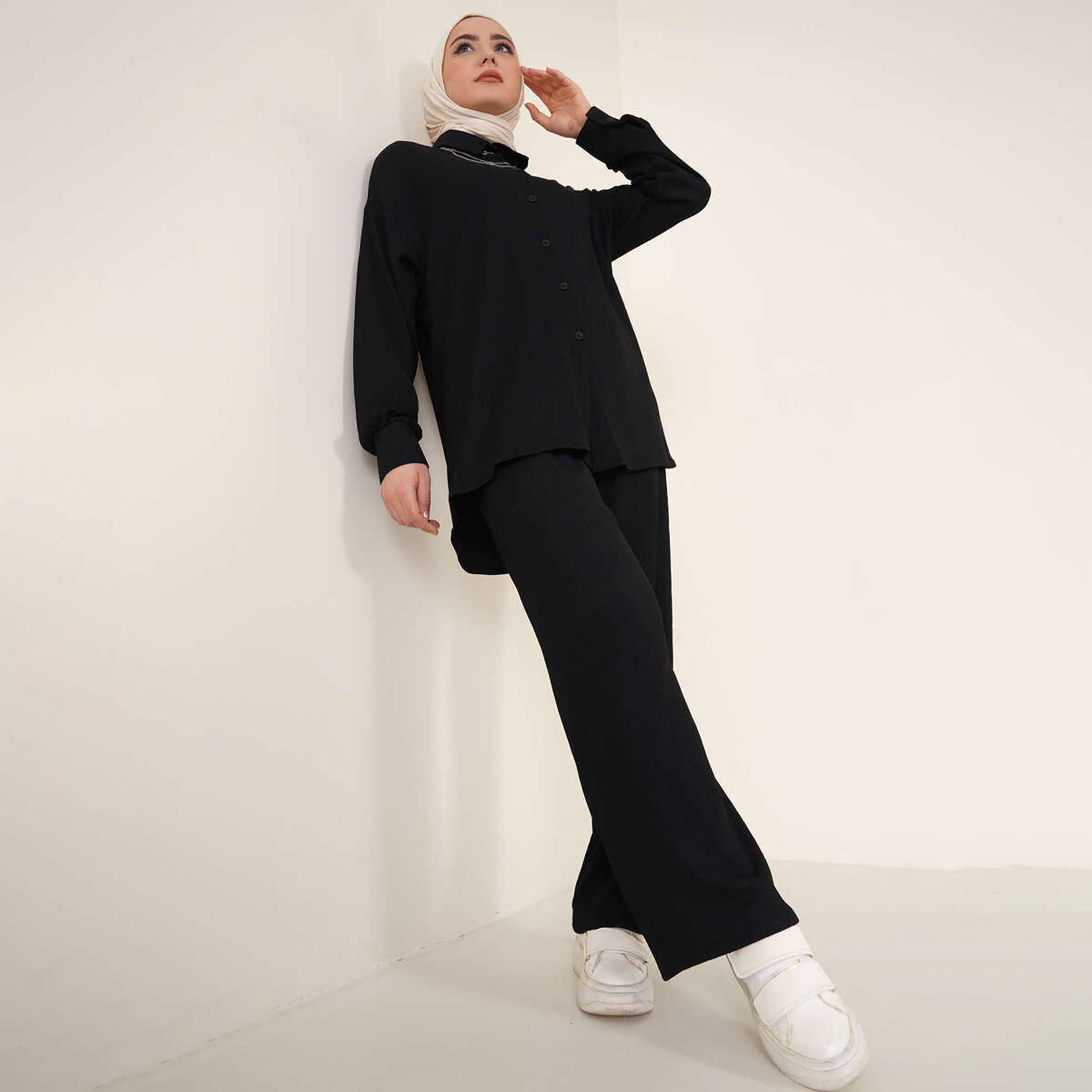 طقم نسائي بقميص بياقة منسوج وبنطلون مع حجاب من بيجدارت-women-clothing-coordsets-image-16