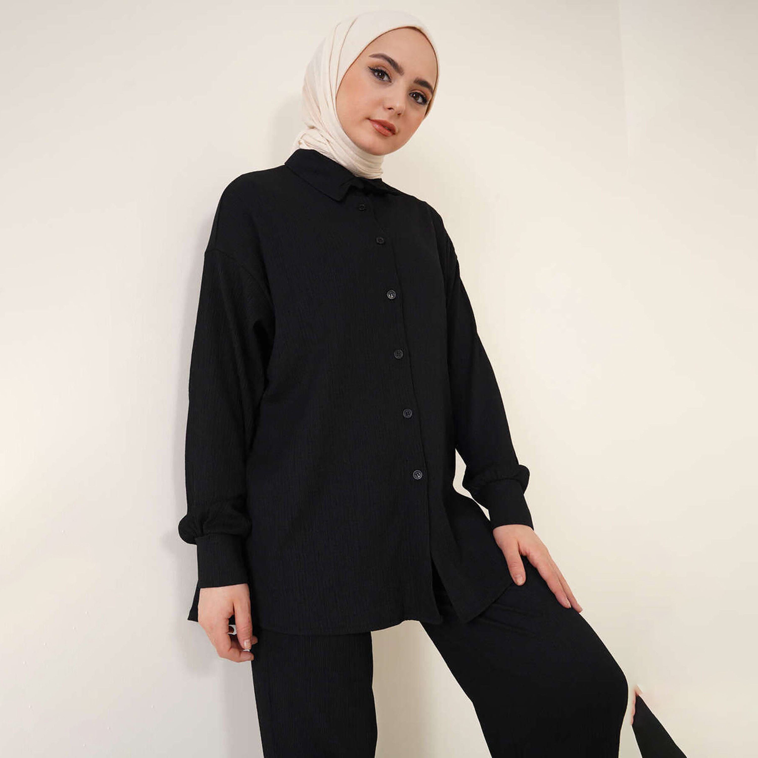 طقم نسائي بقميص بياقة منسوج وبنطلون مع حجاب من بيجدارت-women-clothing-coordsets-image-17