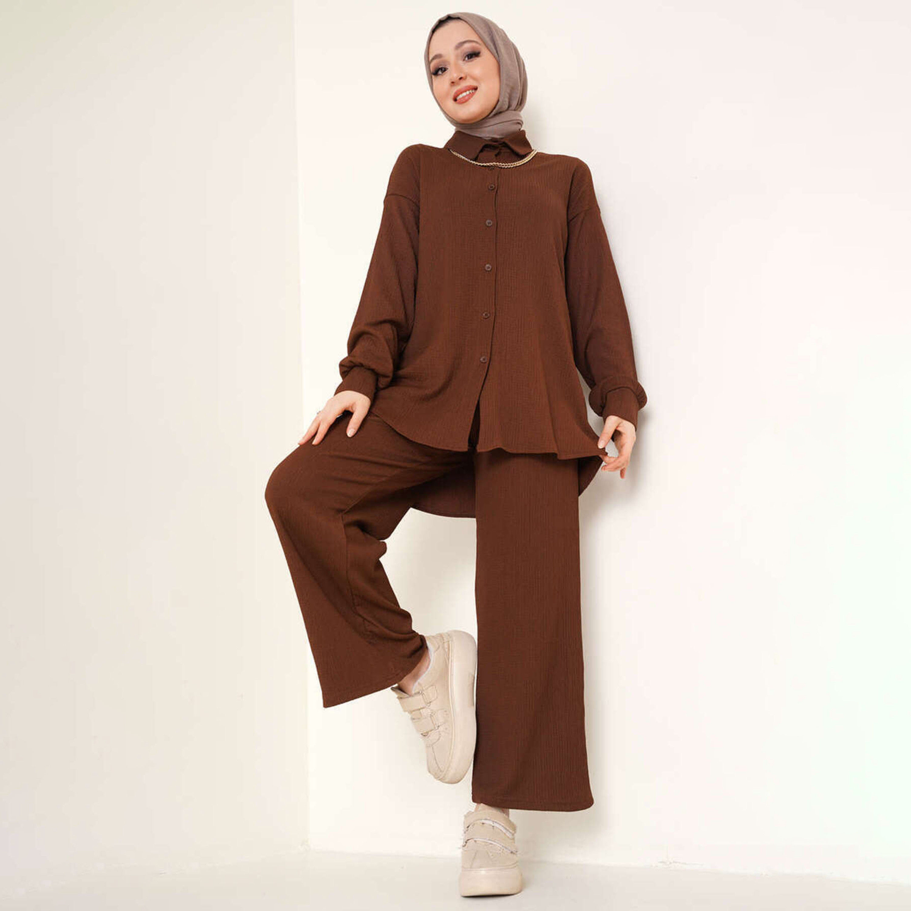 طقم نسائي بقميص بياقة منسوج وبنطلون مع حجاب من بيجدارت-women-clothing-coordsets-image-1