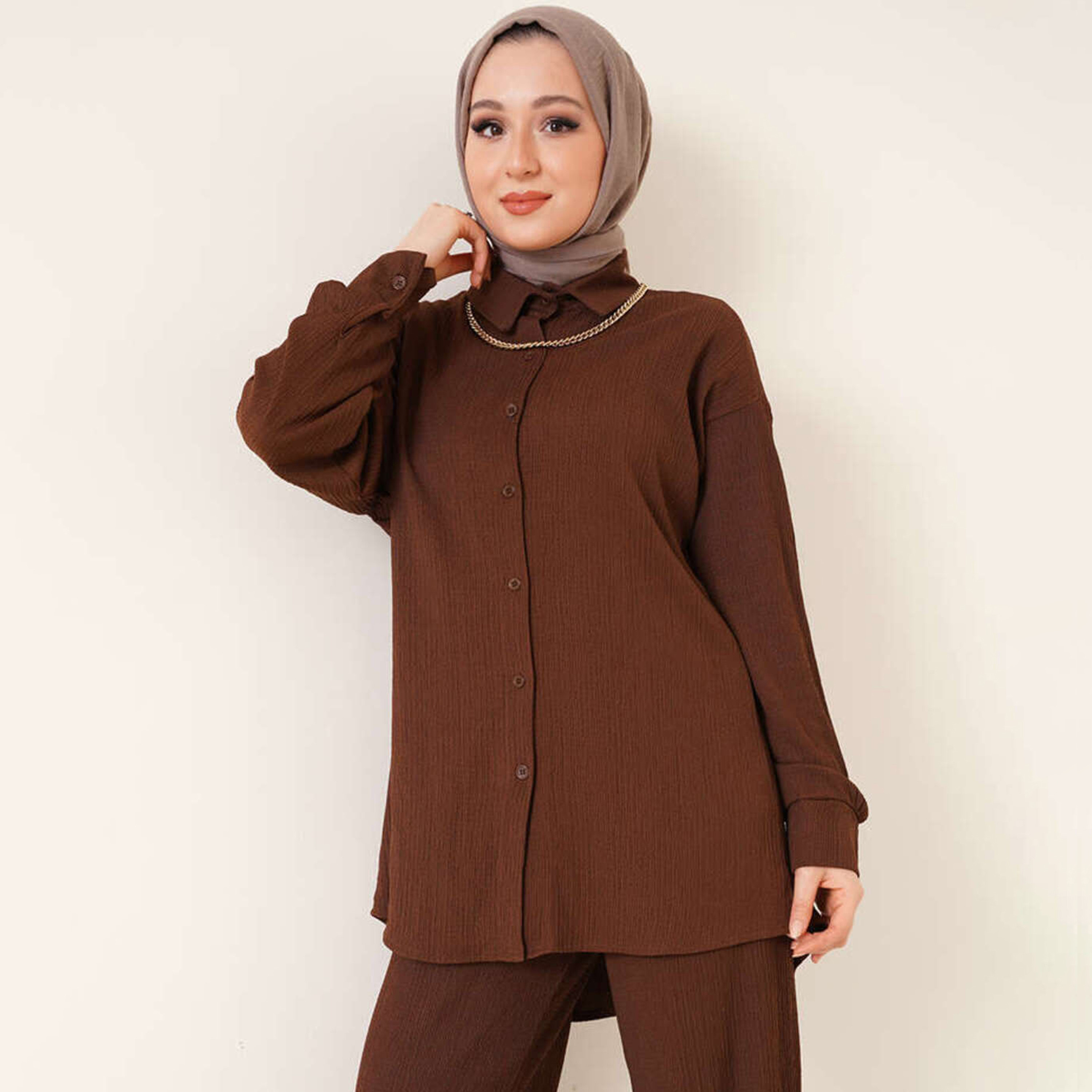 طقم نسائي بقميص بياقة منسوج وبنطلون مع حجاب من بيجدارت-women-clothing-coordsets-image-2