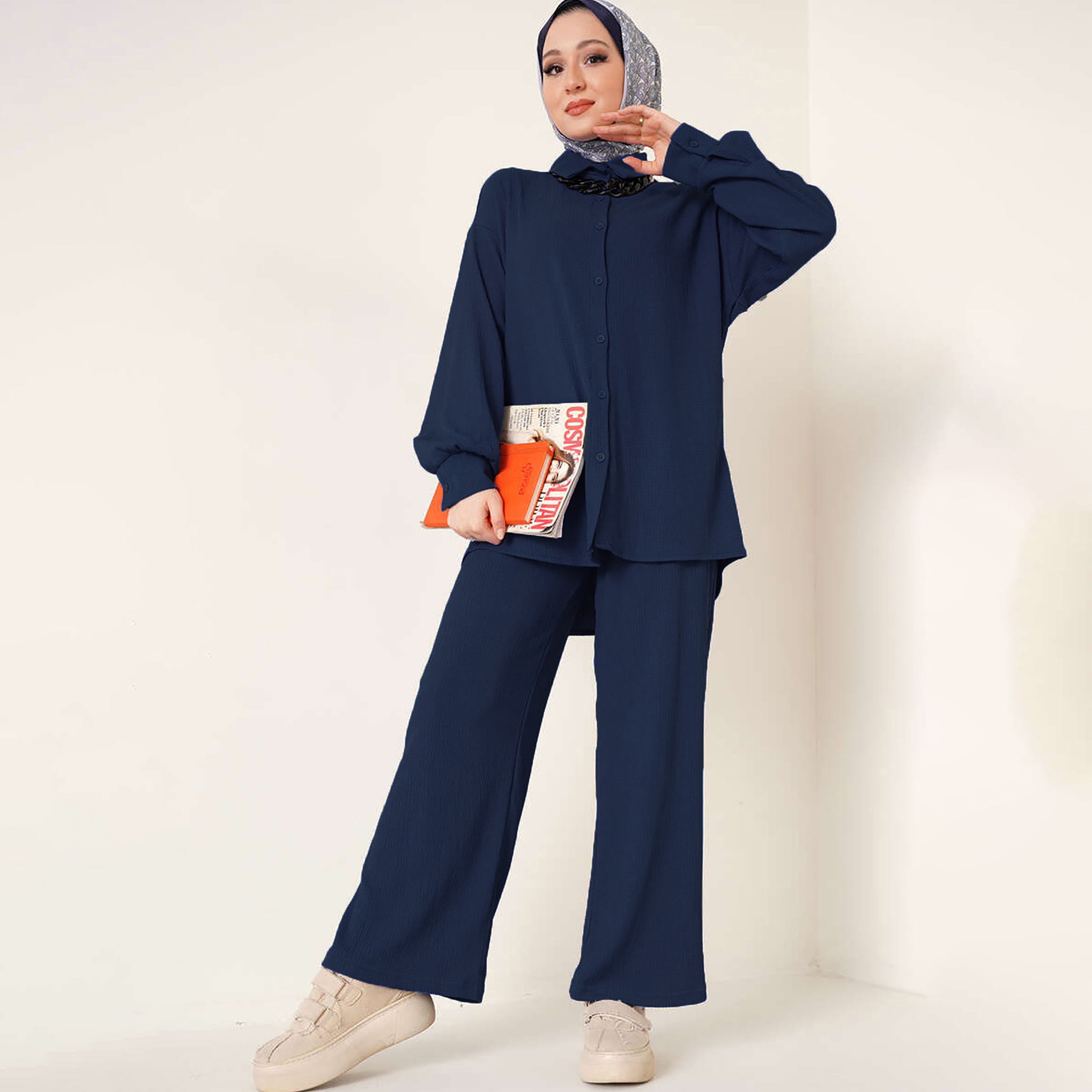 طقم نسائي بقميص بياقة منسوج وبنطلون مع حجاب من بيجدارت-women-clothing-coordsets-image-9