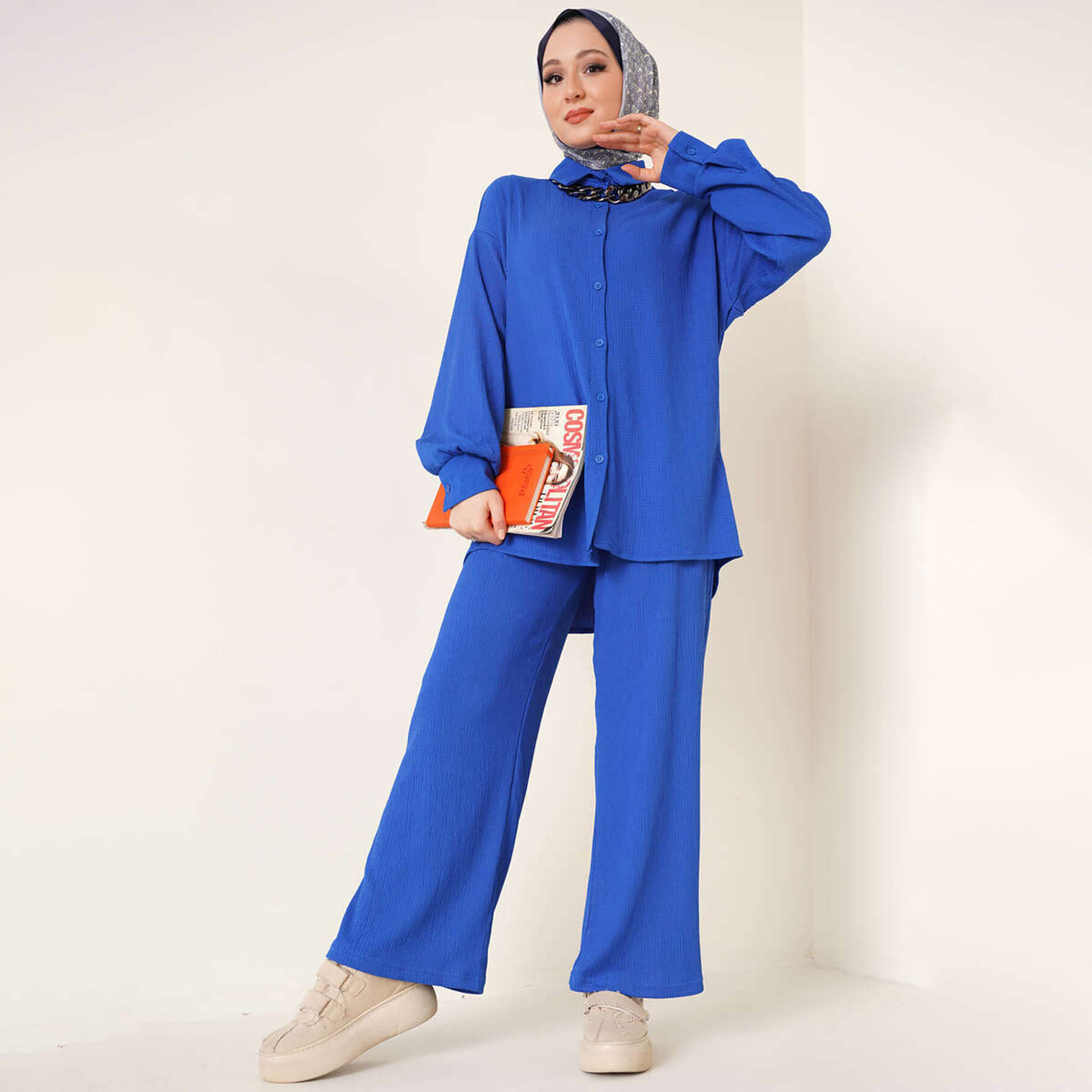 طقم نسائي بقميص بياقة منسوج وبنطلون مع حجاب من بيجدارت-women-clothing-coordsets-image-12