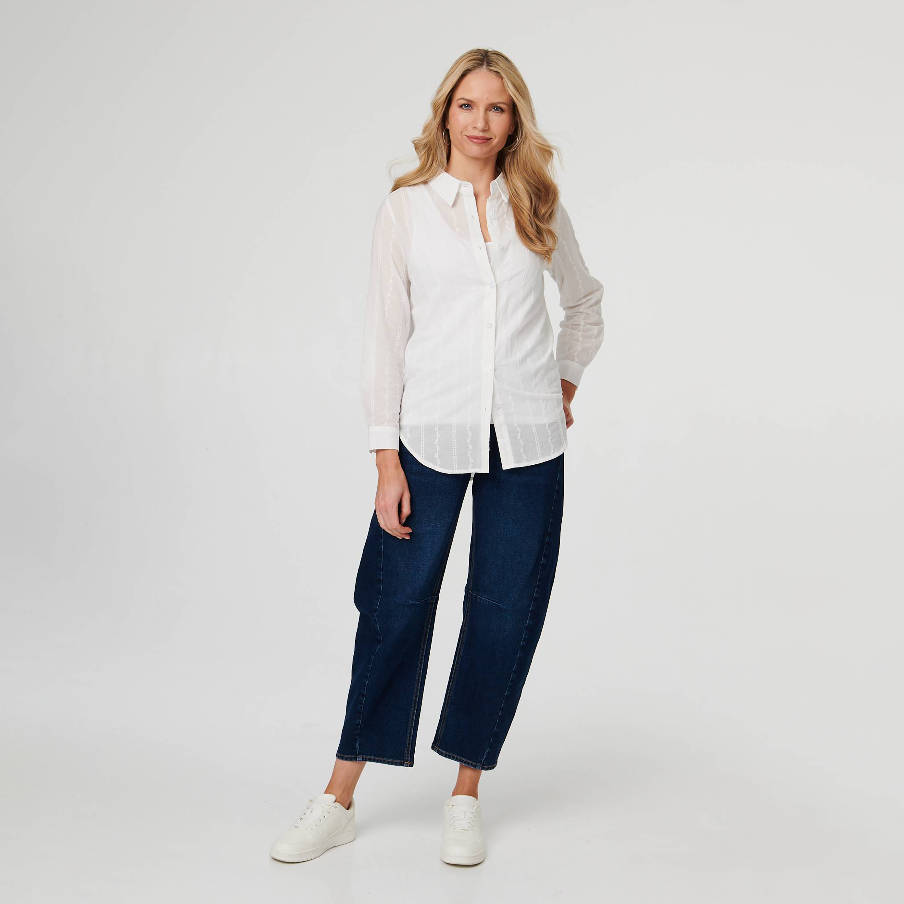 Izabel London White Embroidered Cotton Collared Roll-Up Sleeves Women's Shirt-women-clothing-shirtsandblouses-shirts-image-2