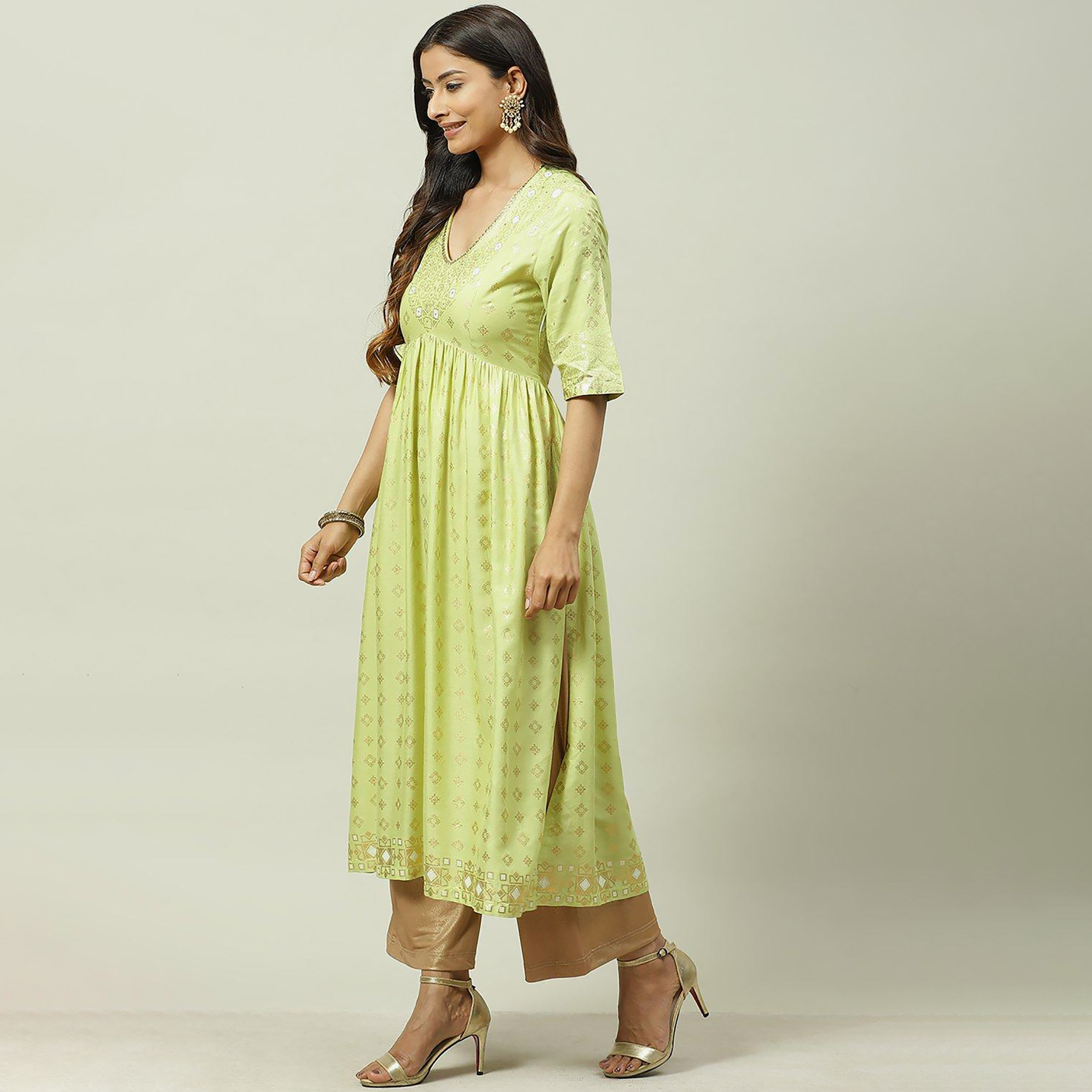 Biba Foil Print V-Neck Straight Kurta with Sequins Detail-women-clothing-ethnicwear-dresses-image-2