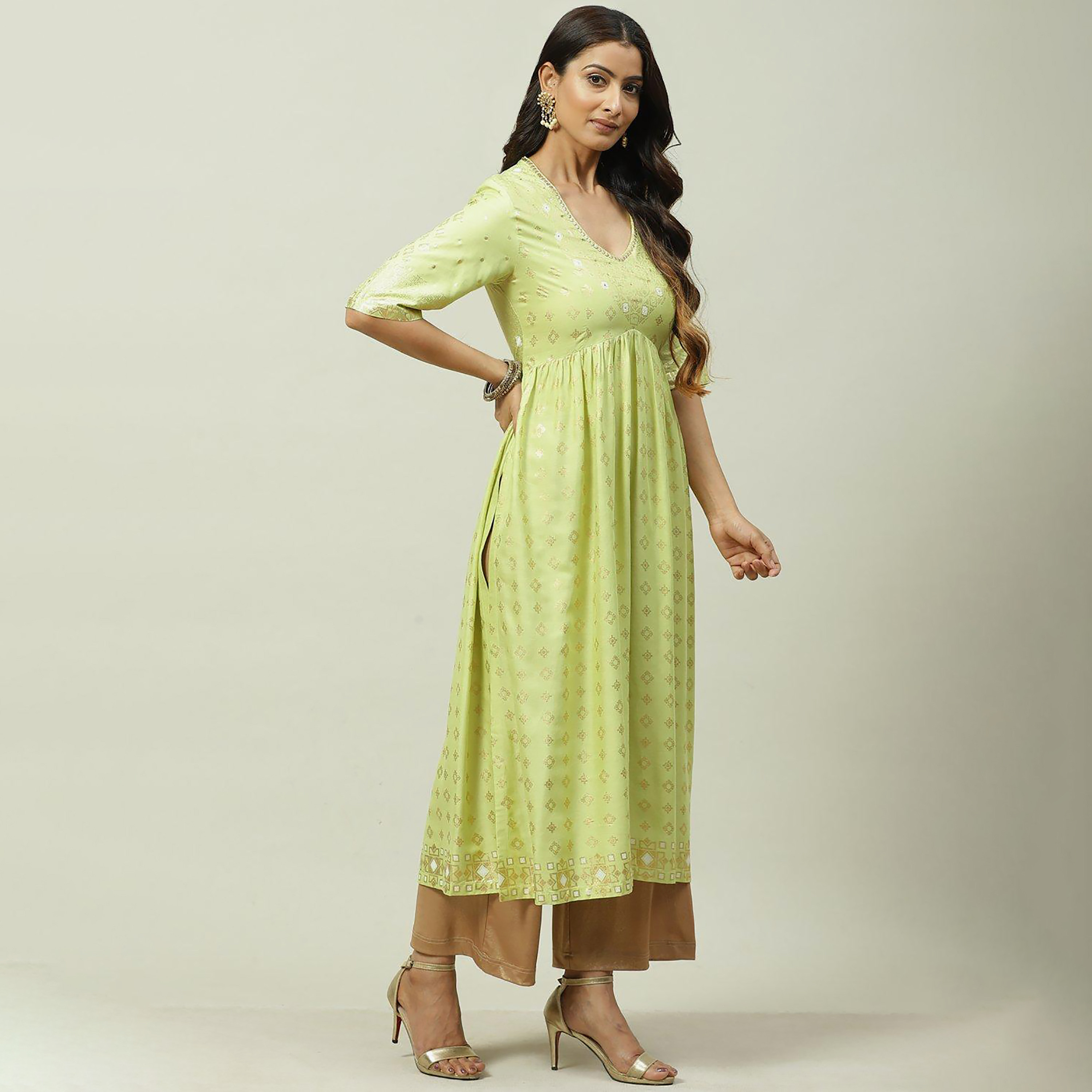 Biba Foil Print V-Neck Straight Kurta with Sequins Detail-women-clothing-ethnicwear-dresses-image-4