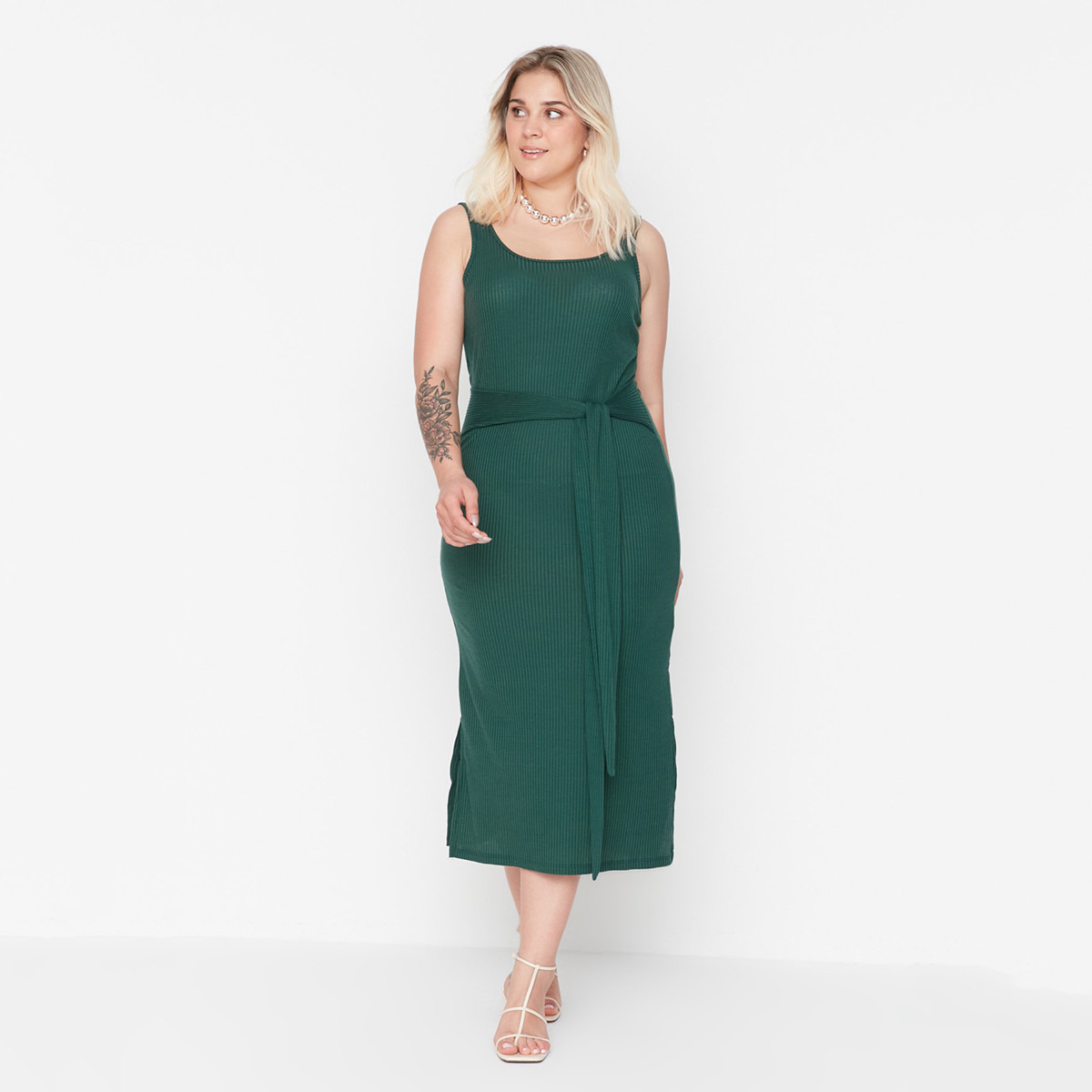 فستان ترينديول من ميدي بفتح ربط أمامي مع مضلع بلون أخضر للنساء-women-clothing-dresses-image-1