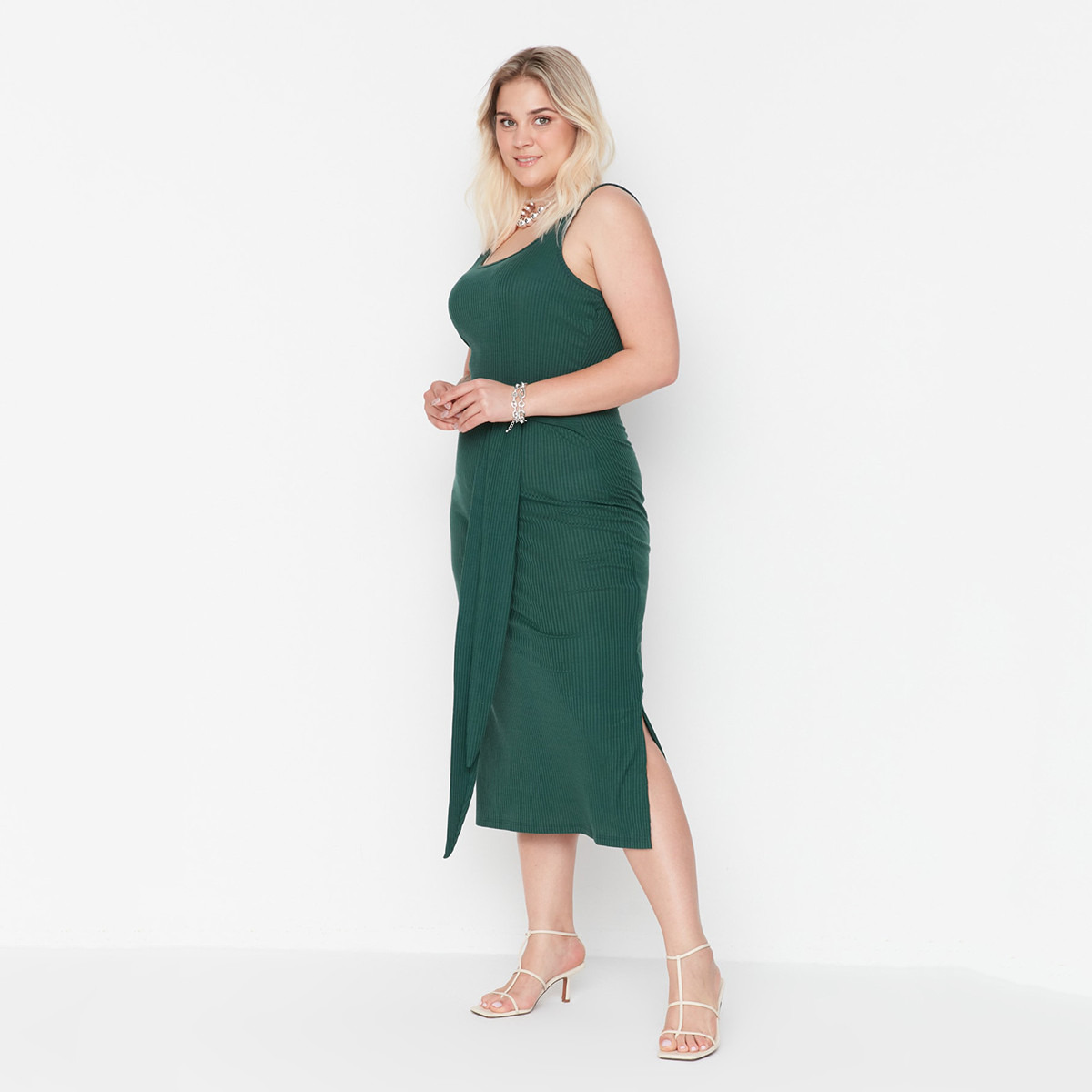 فستان ترينديول من ميدي بفتح ربط أمامي مع مضلع بلون أخضر للنساء-women-clothing-dresses-image-2