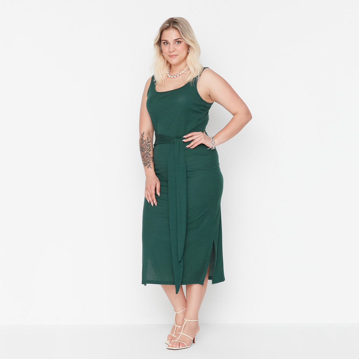 فستان ترينديول من ميدي بفتح ربط أمامي مع مضلع بلون أخضر للنساء-women-clothing-dresses-image-3
