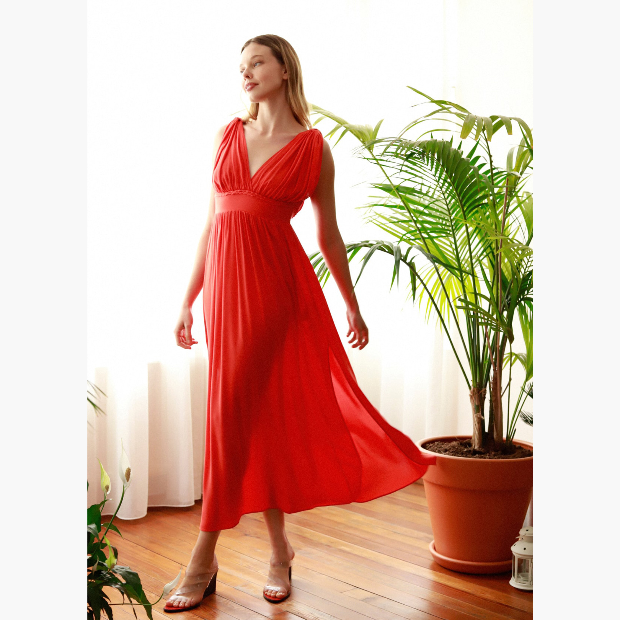 فستان طويل إيه لاين دون أكمام بارز الملمس وبياقة v من ترنيديول-women-clothing-dresses-image-1