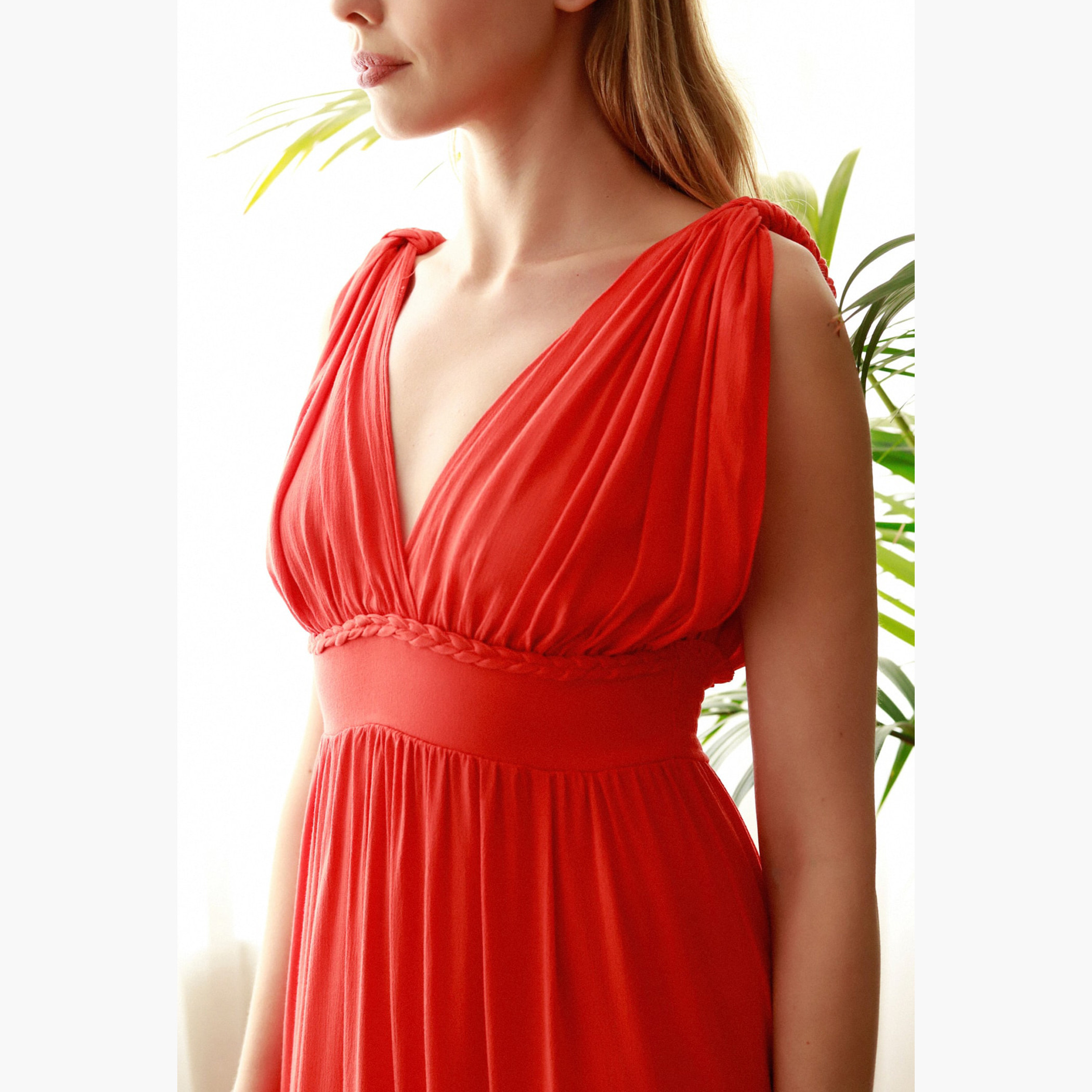 فستان طويل إيه لاين دون أكمام بارز الملمس وبياقة v من ترنيديول-women-clothing-dresses-image-3