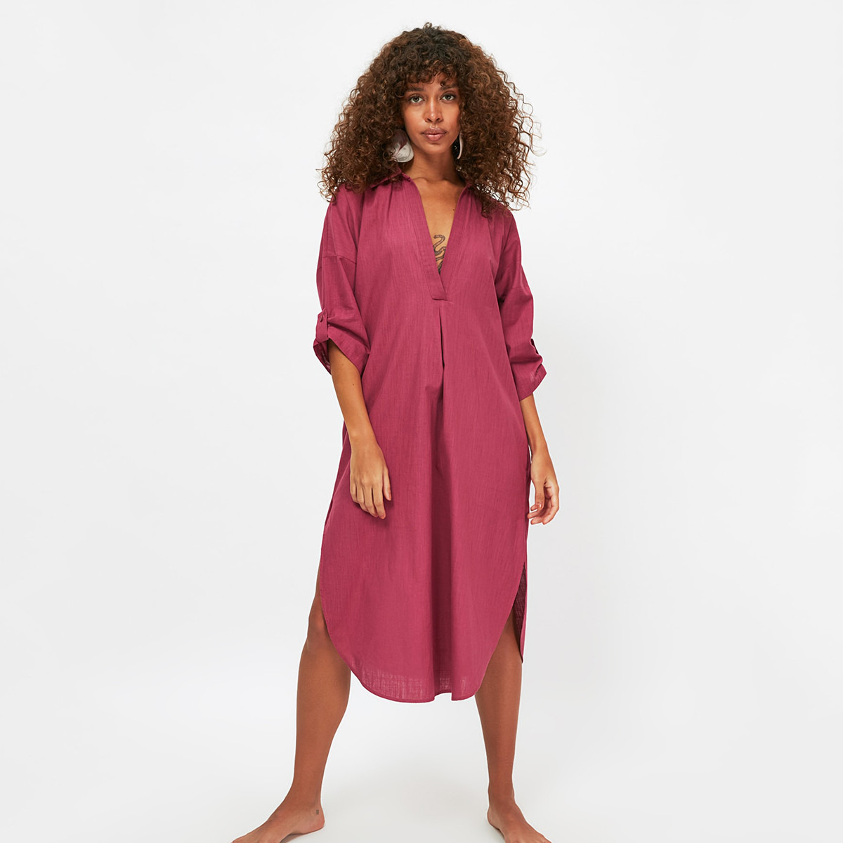 Trendyol Women Purple Solid Collared Neck Midi Beach Dress-women-clothing-dresses-image-1