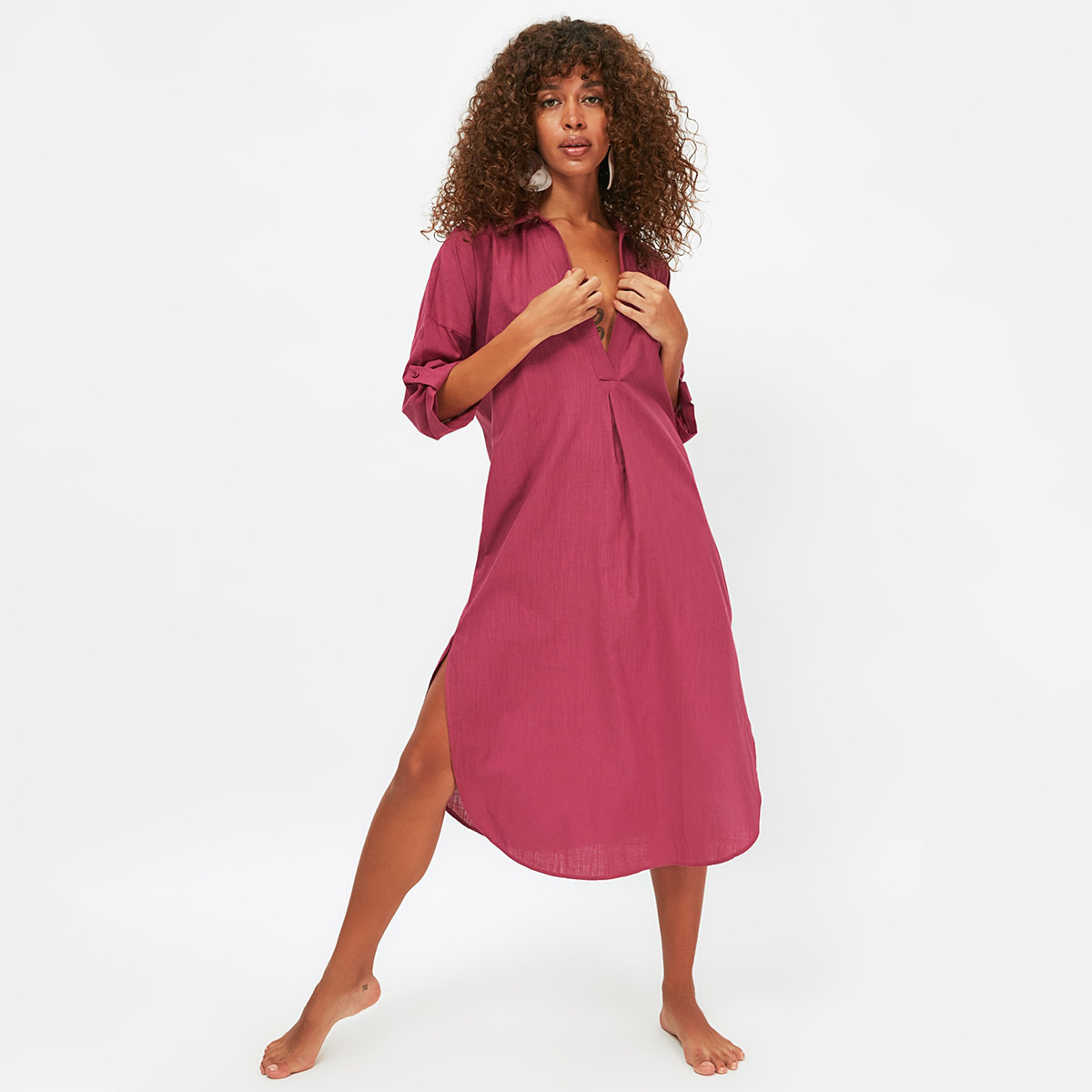 Trendyol Women Purple Solid Collared Neck Midi Beach Dress-women-clothing-dresses-image-4