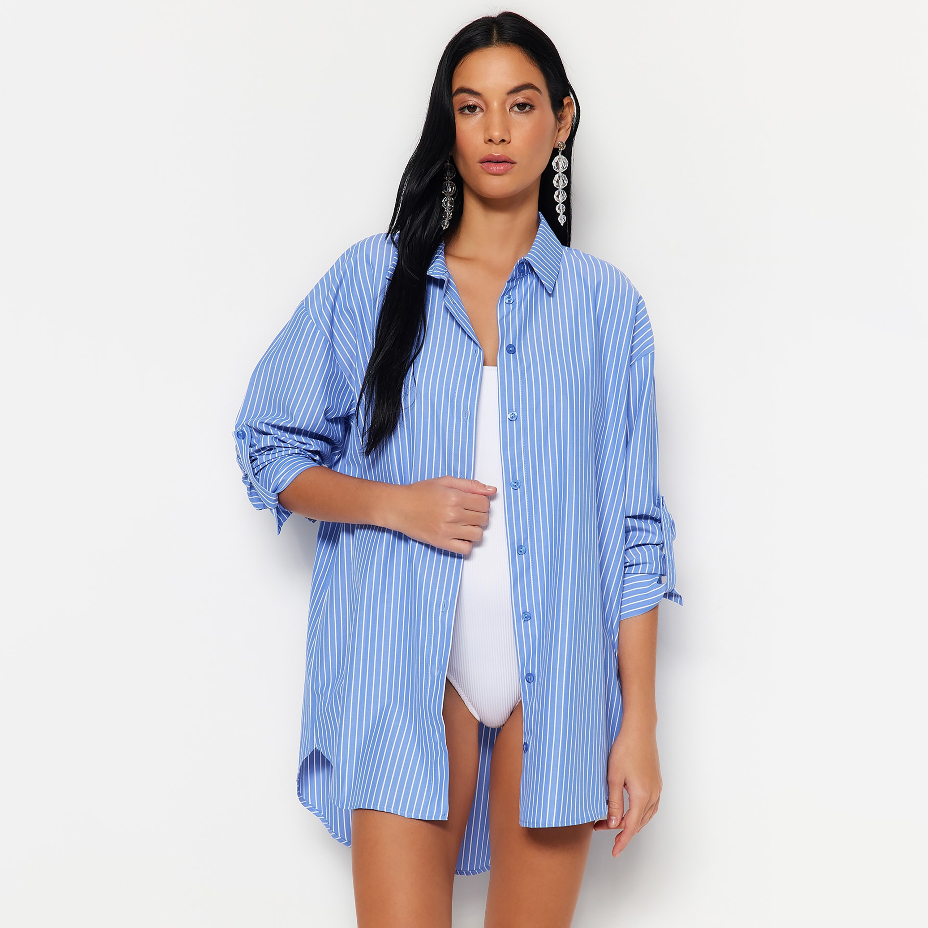 قميص حريمي مخطط بياقة وأكمام ساقطة من ترينديول ميلا-women-clothing-shirtsandblouses-shirts-image-1