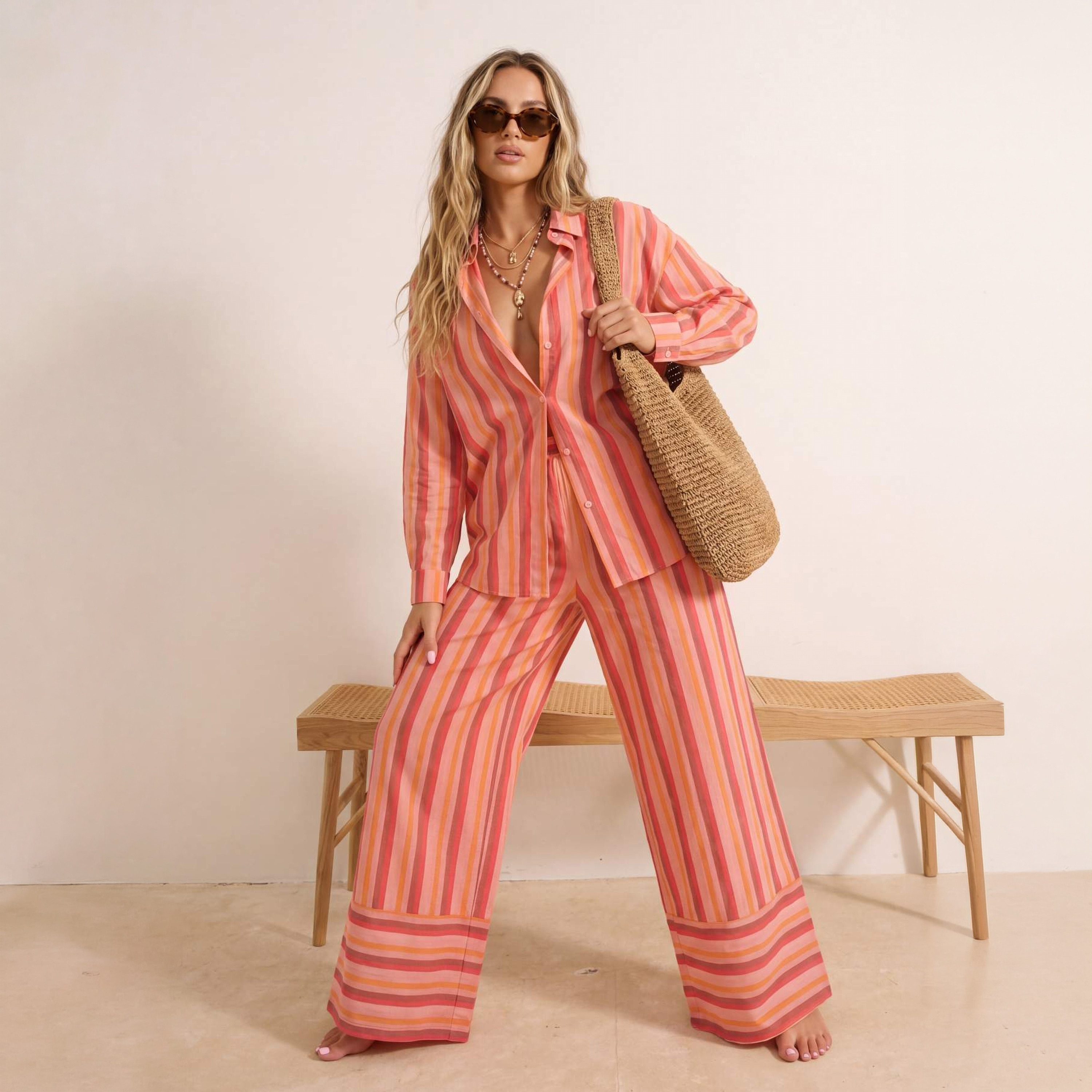 Trendyolmilla Multicolour Striped Collared Dropped Sleeves Cotton Women's Shirt & Trousers Set-women-clothing-coordsets-image-1