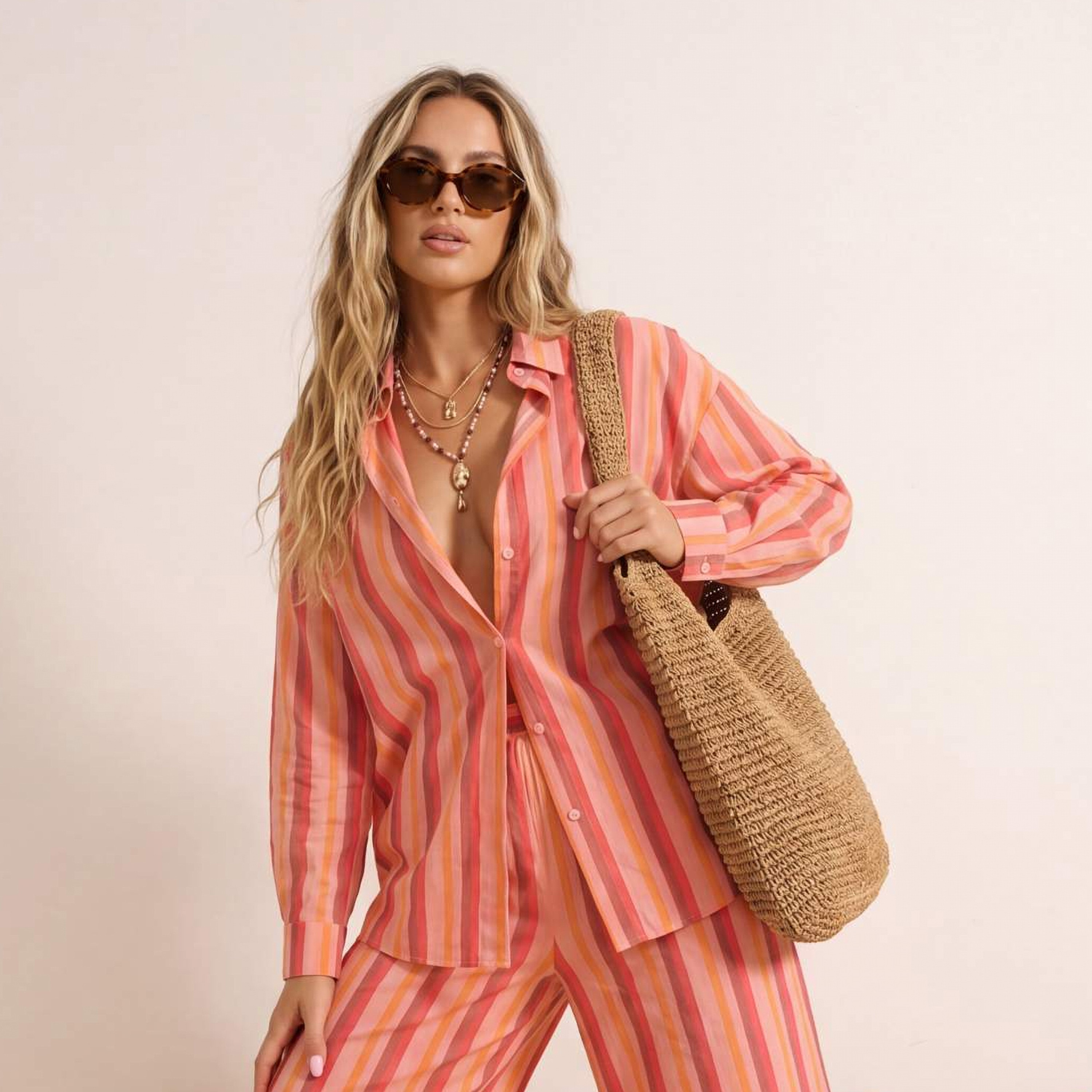 Trendyolmilla Multicolour Striped Collared Dropped Sleeves Cotton Women's Shirt & Trousers Set-women-clothing-coordsets-image-2