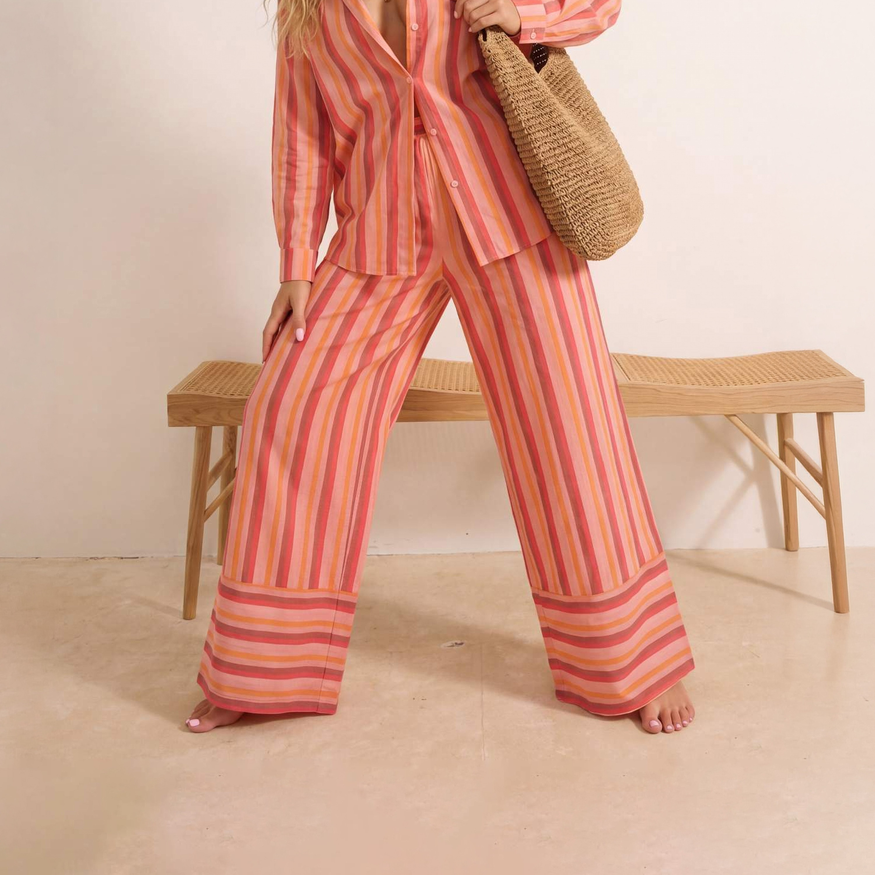 Trendyolmilla Multicolour Striped Collared Dropped Sleeves Cotton Women's Shirt & Trousers Set-women-clothing-coordsets-image-3