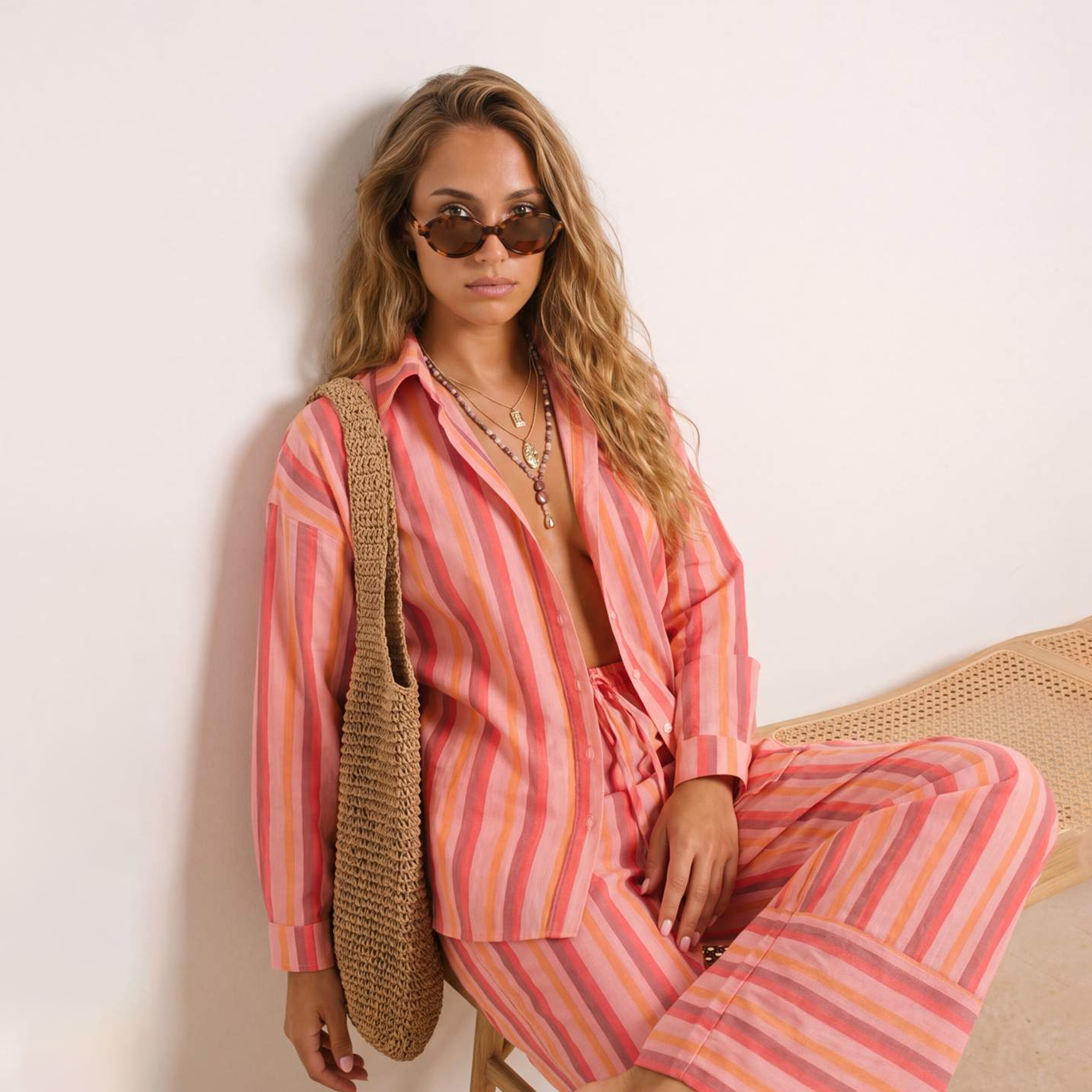 Trendyolmilla Multicolour Striped Collared Dropped Sleeves Cotton Women's Shirt & Trousers Set-women-clothing-coordsets-image-5