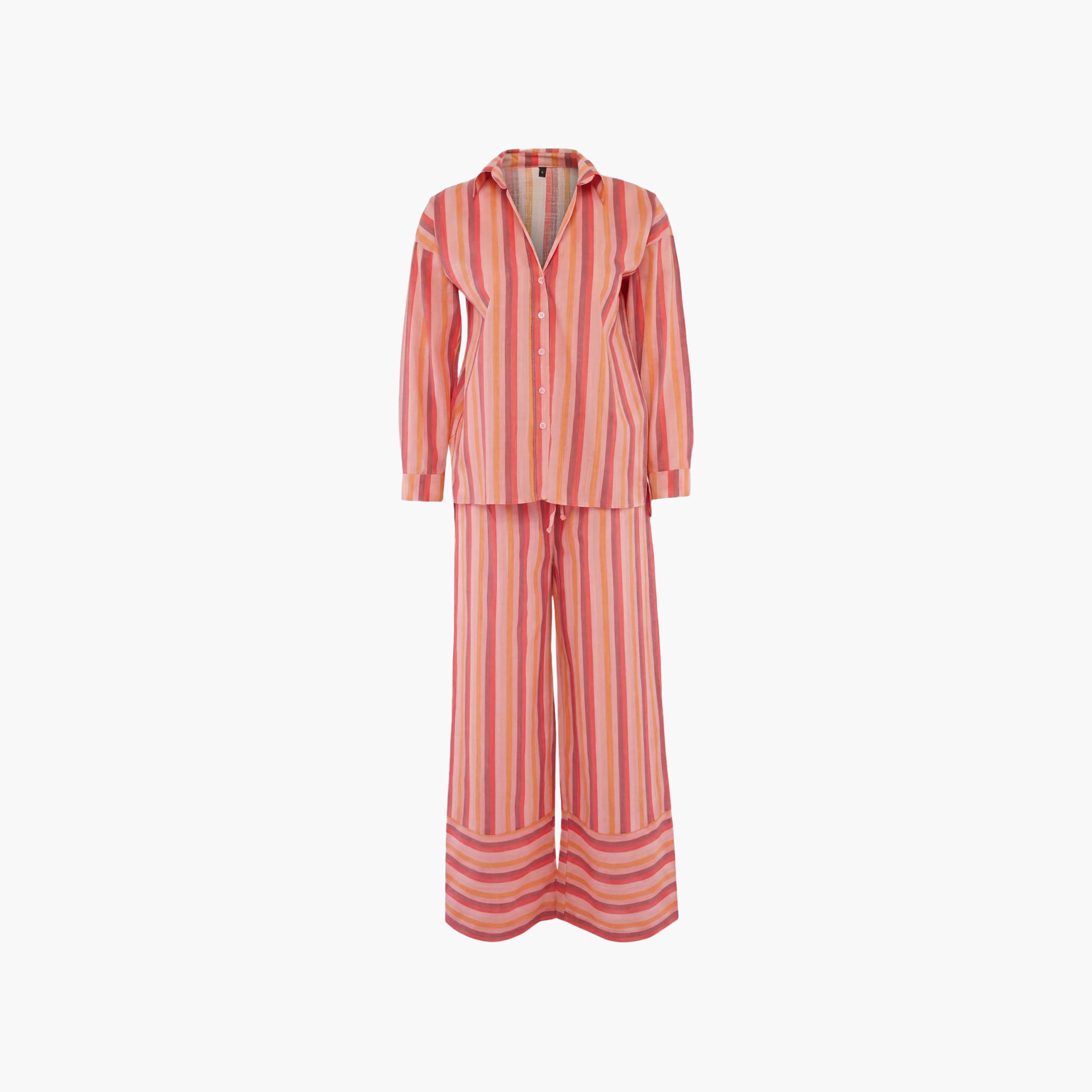Trendyolmilla Multicolour Striped Collared Dropped Sleeves Cotton Women's Shirt & Trousers Set-women-clothing-coordsets-image-6