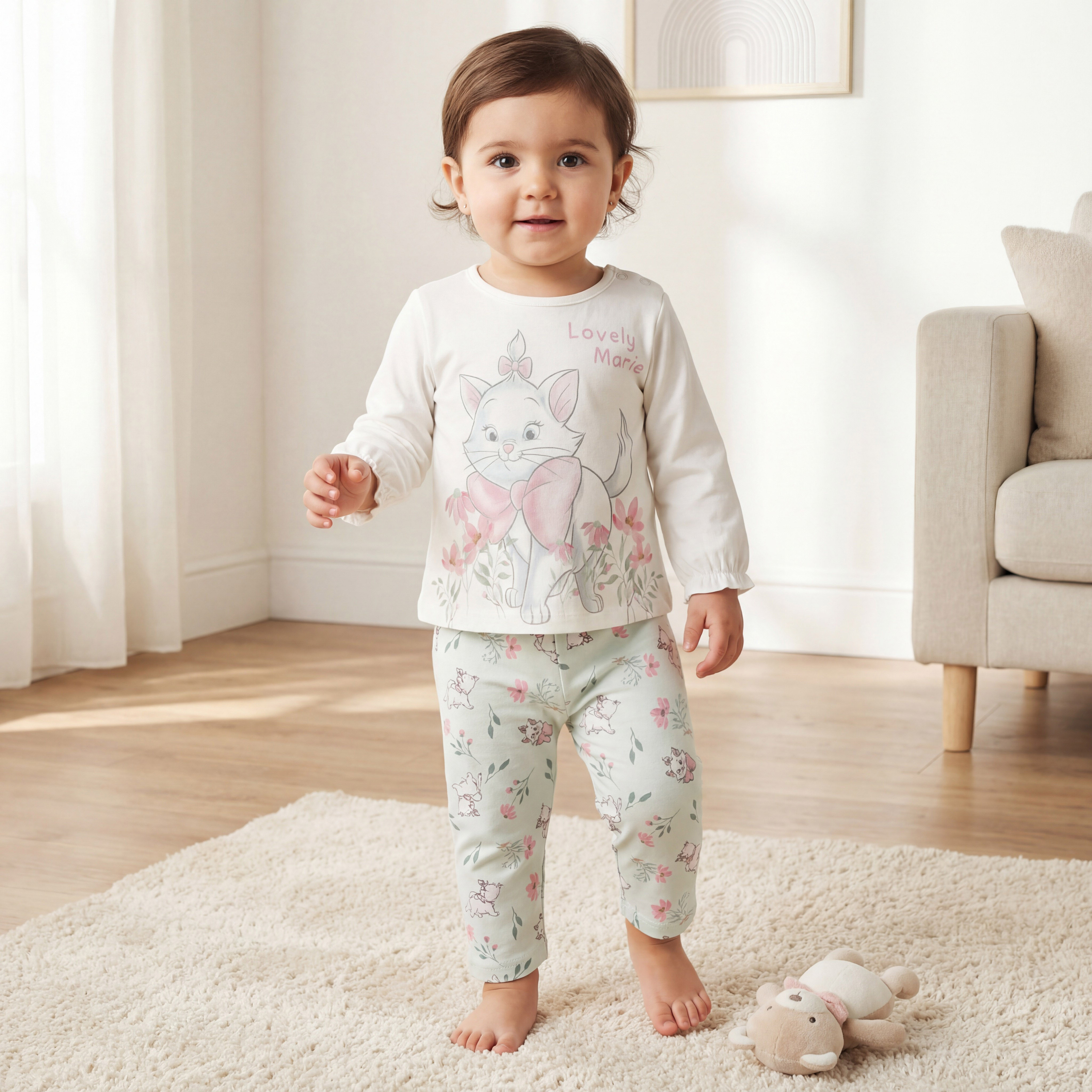Disney Cotton Round Neck Long Sleeves Pyjama Set with Marie Print-baby-girls-clothing-nightwear-pyjamasets-image-1
