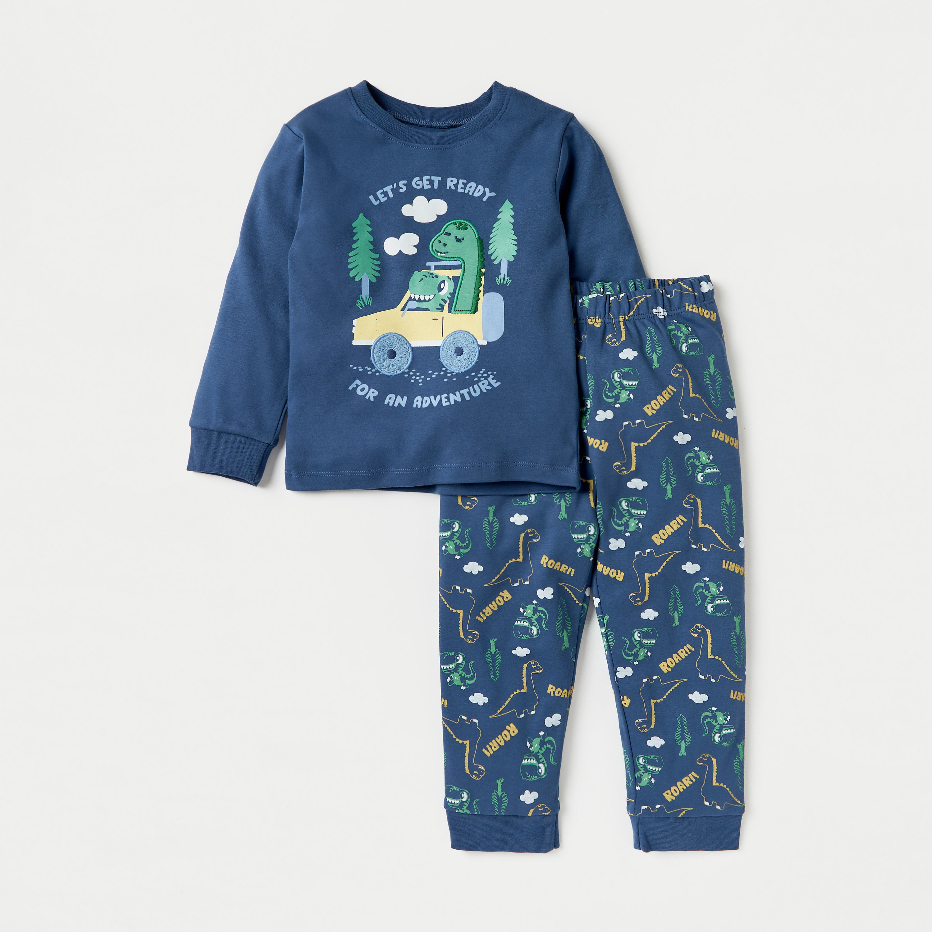 Juniors Dinosaur Print Long Sleeves T-shirt and Pyjama Set-baby-boys-clothing-nightwear-pyjamasets-image-1