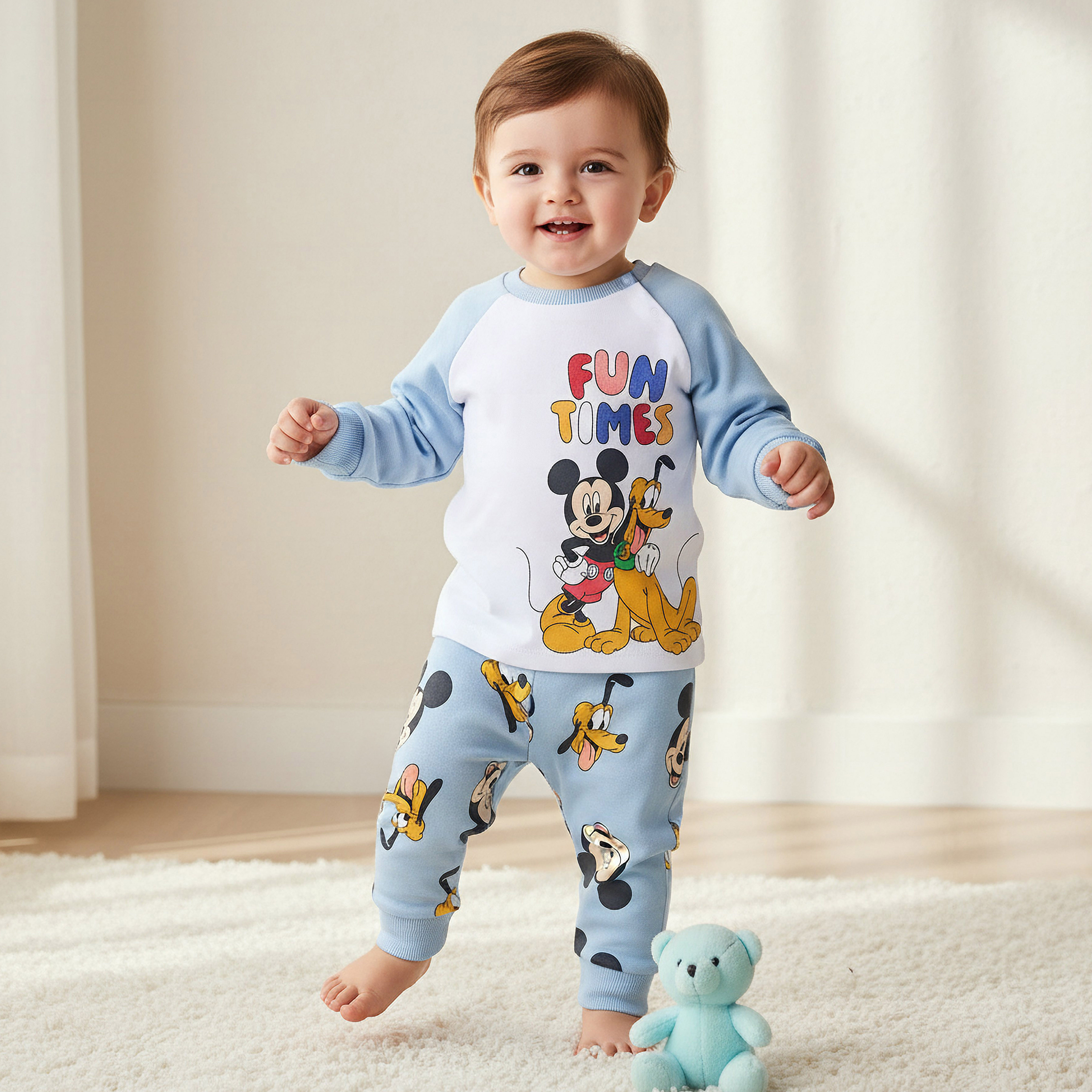 Disney Cotton Round Neck Long Sleeves Pyjama Set with Mickey Mouse and Pluto Print-baby-boys-clothing-nightwear-pyjamasets-image-1