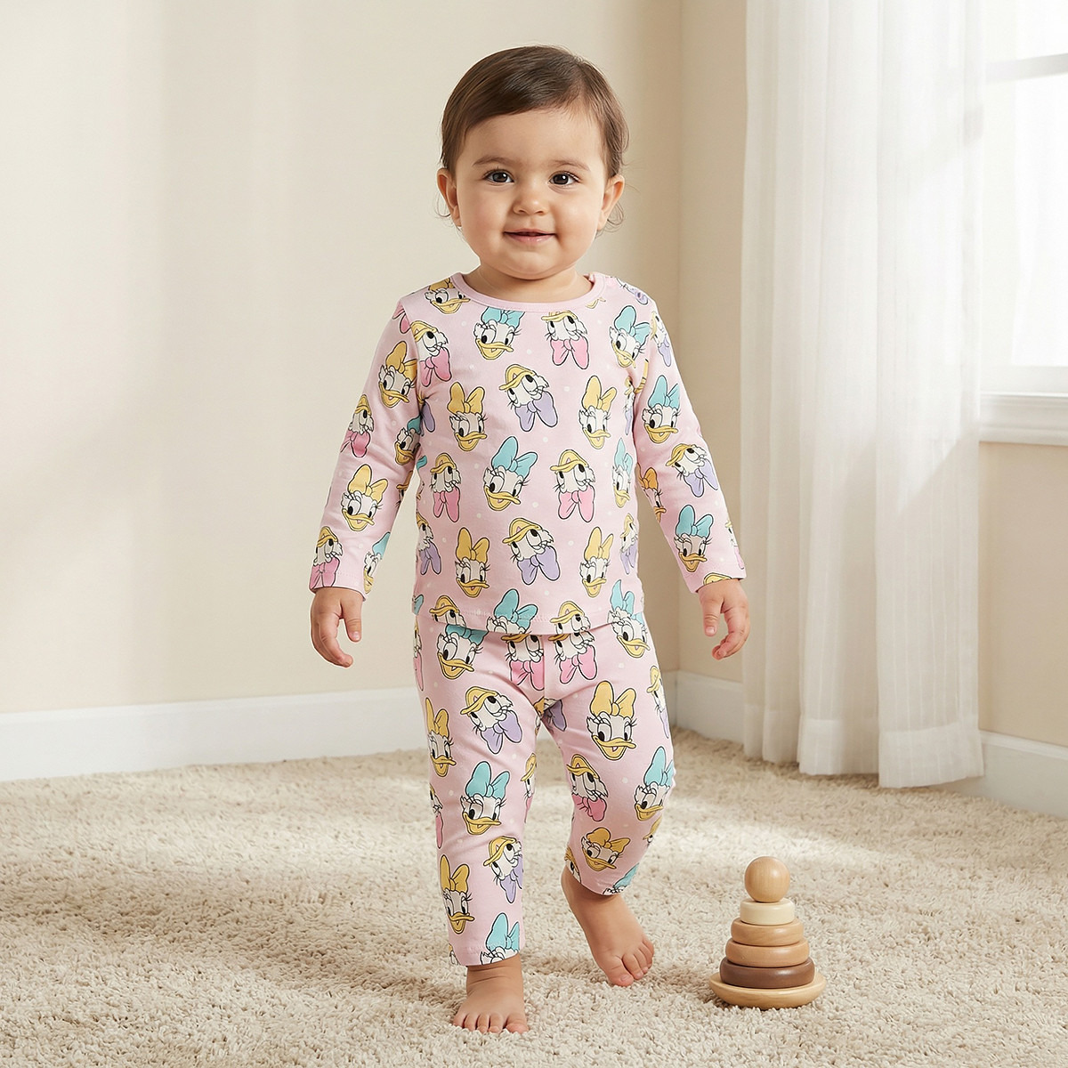 Disney Cotton Round Neck Long Sleeves Pyjama Set with Daisy Duck Print-baby-girls-clothing-nightwear-pyjamasets-image-1