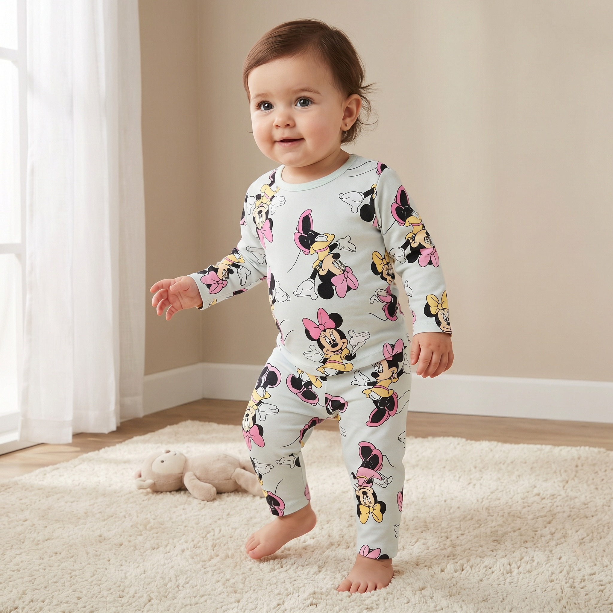 Disney Cotton Crew Neck Long Sleeves Pyjama Set with Minnie Mouse Print-baby-girls-clothing-nightwear-pyjamasets-image-1
