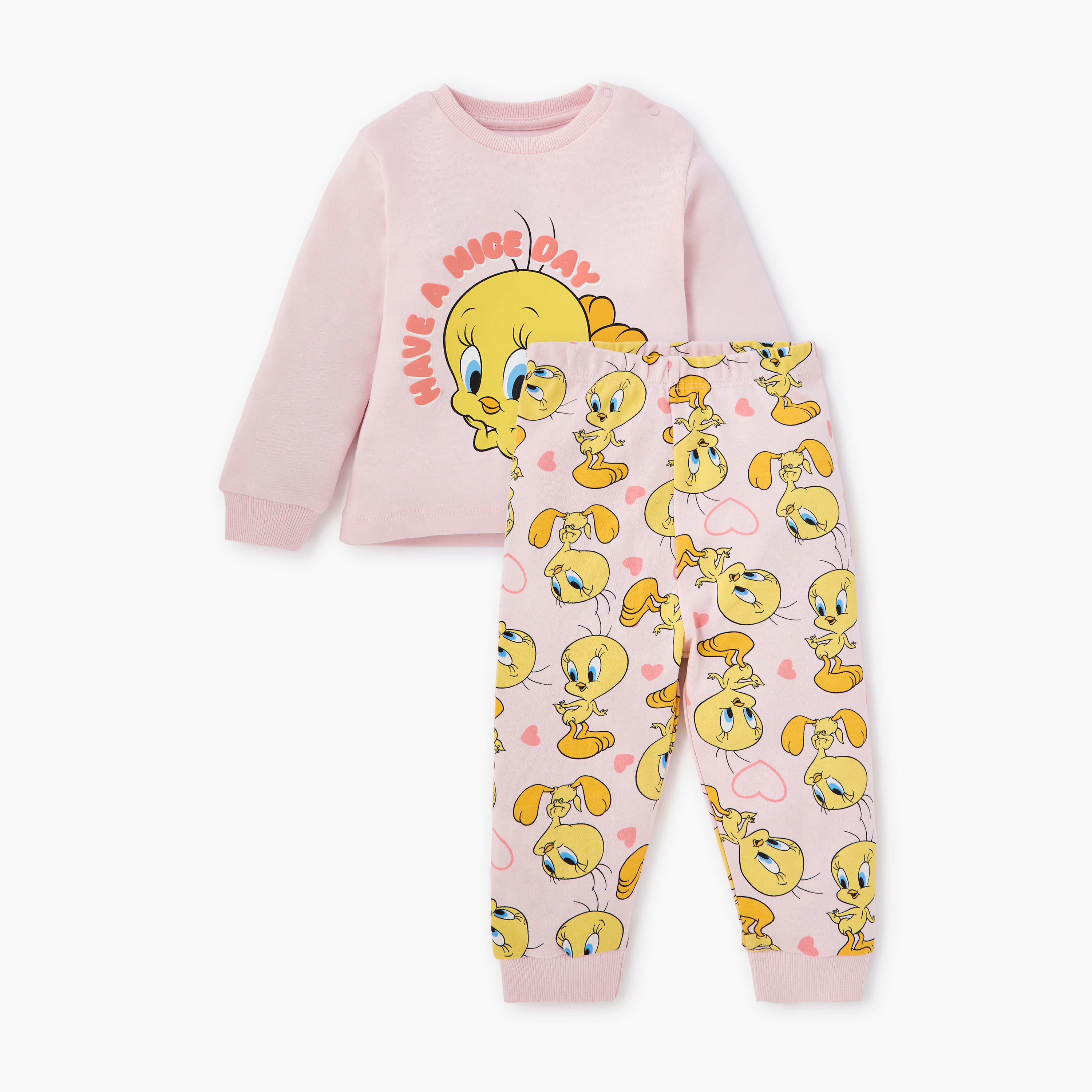 Disney Tweety Print T-shirt and Pyjama Set-baby-girls-clothing-nightwear-pyjamasets-image-1