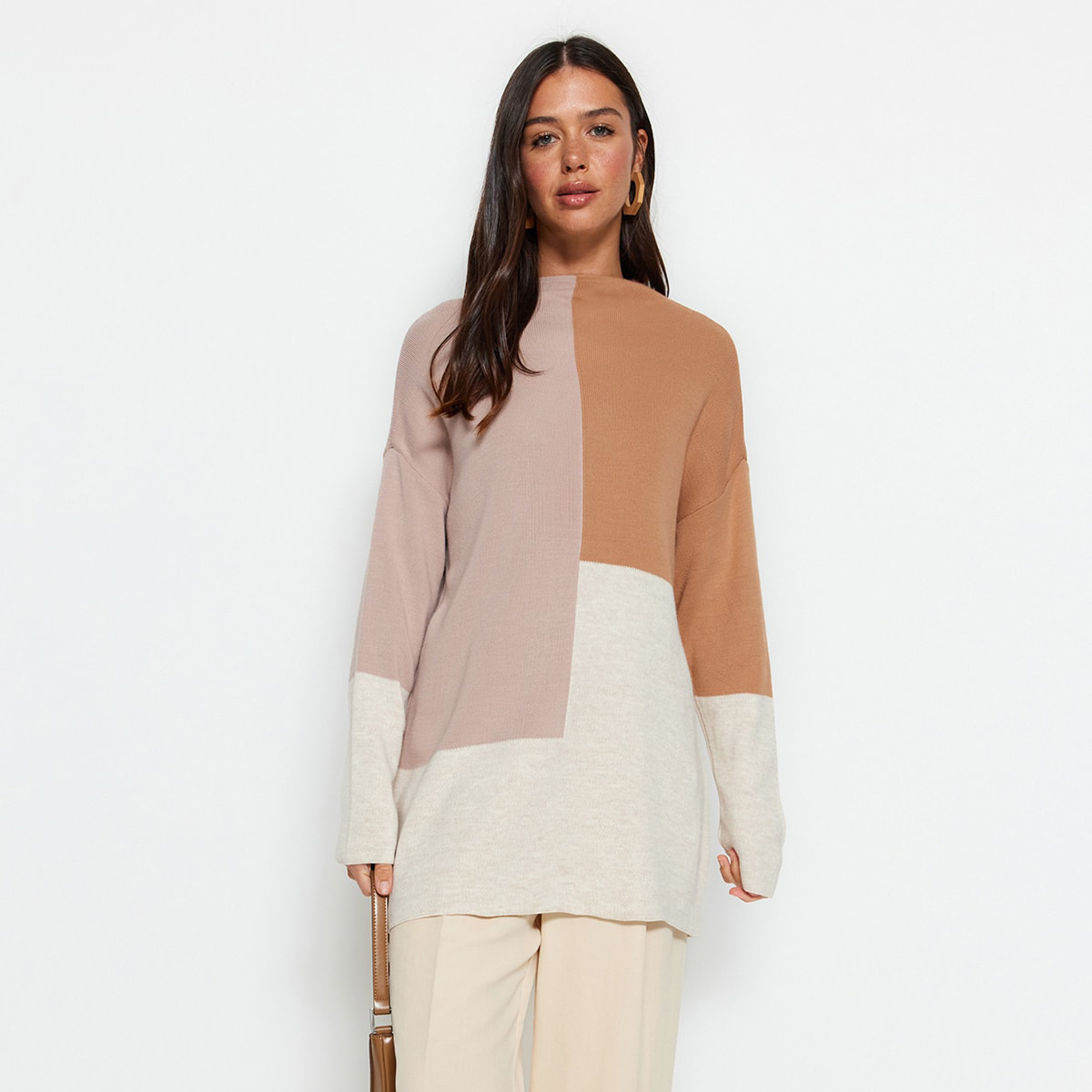 Trendyol Modest Color-Blocked High Neck Dropped Sleeves Women's Sweater-women-winterwear-cardigansandjumpers-jumpers-image-1