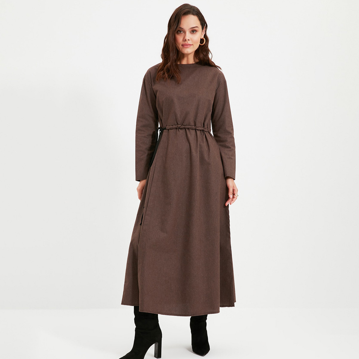 Trendyol Modest Women Solid Crew Neck Drawstring Waist Dress-women-clothing-dresses-image-1