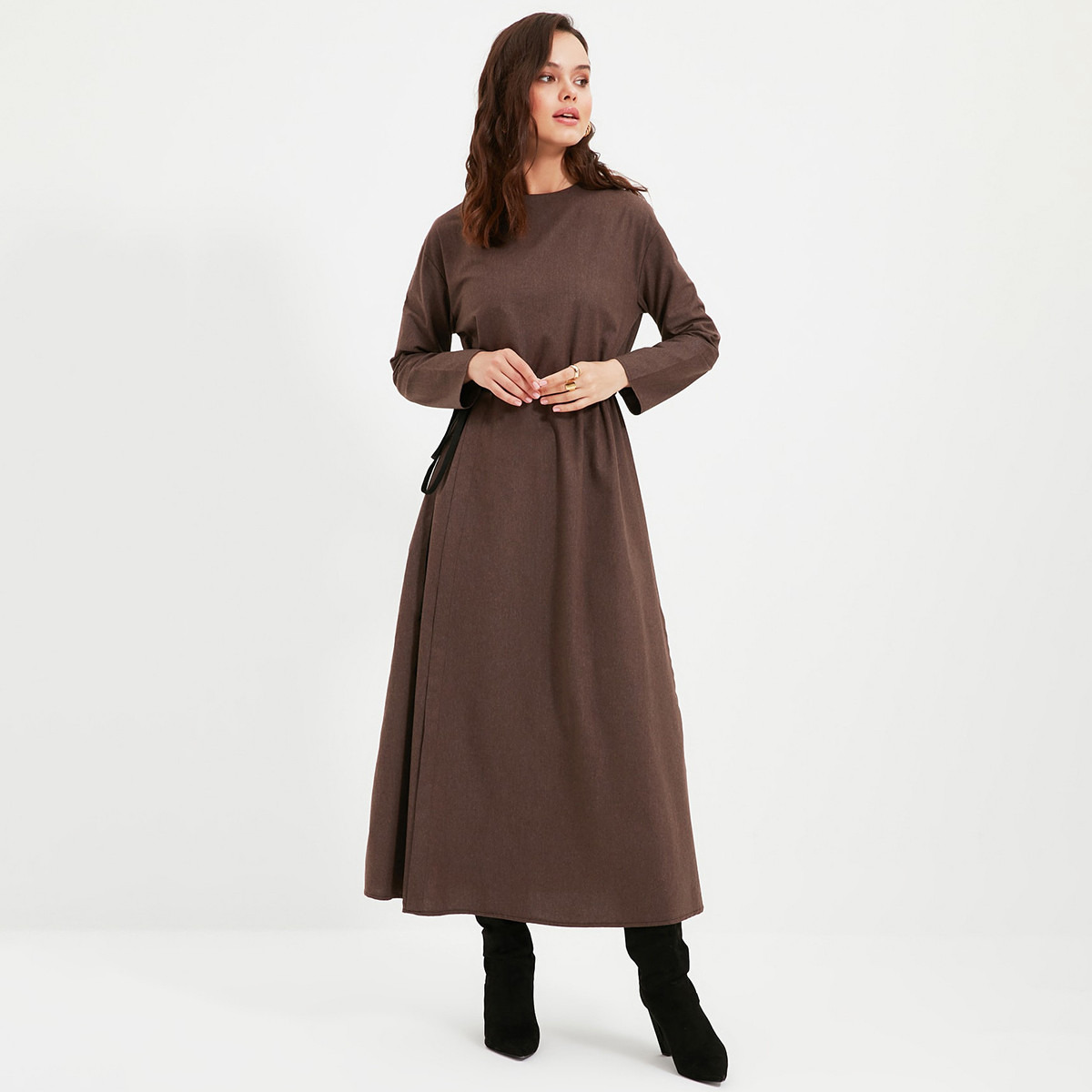Trendyol Modest Women Solid Crew Neck Drawstring Waist Dress-women-clothing-dresses-image-2