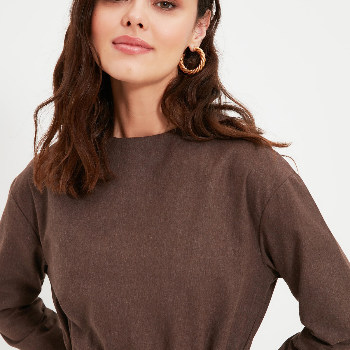 Trendyol Modest Women Solid Crew Neck Drawstring Waist Dress-women-clothing-dresses-image-3