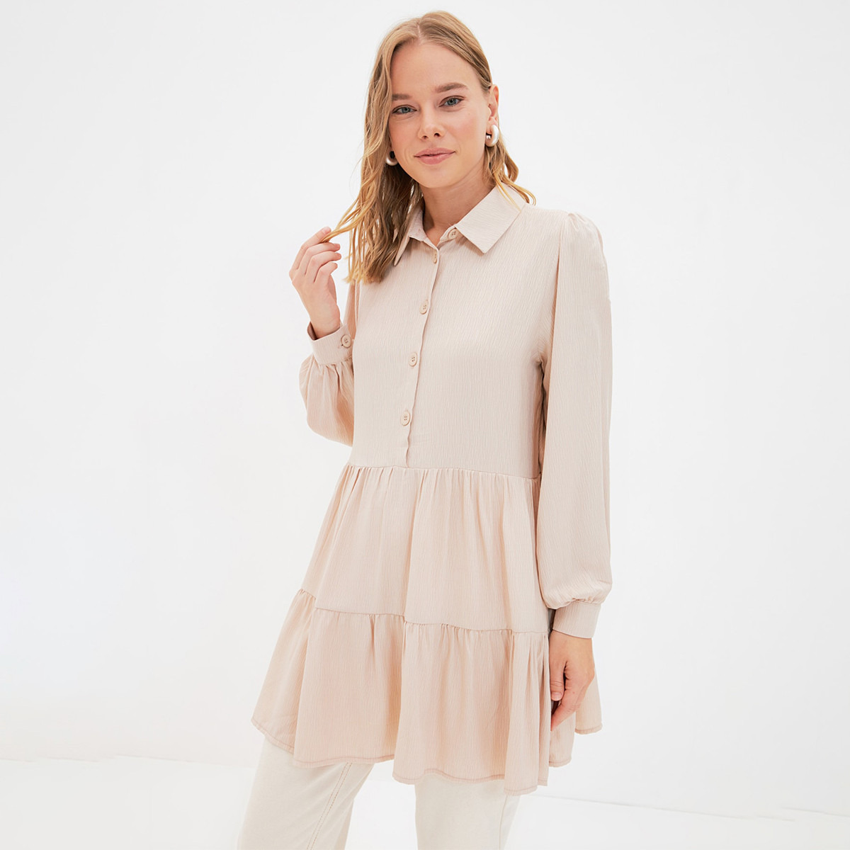 Trendyol Modest Women Textured Collared Neck Tunic-women-clothing-shirtsandblouses-blouses-image-1