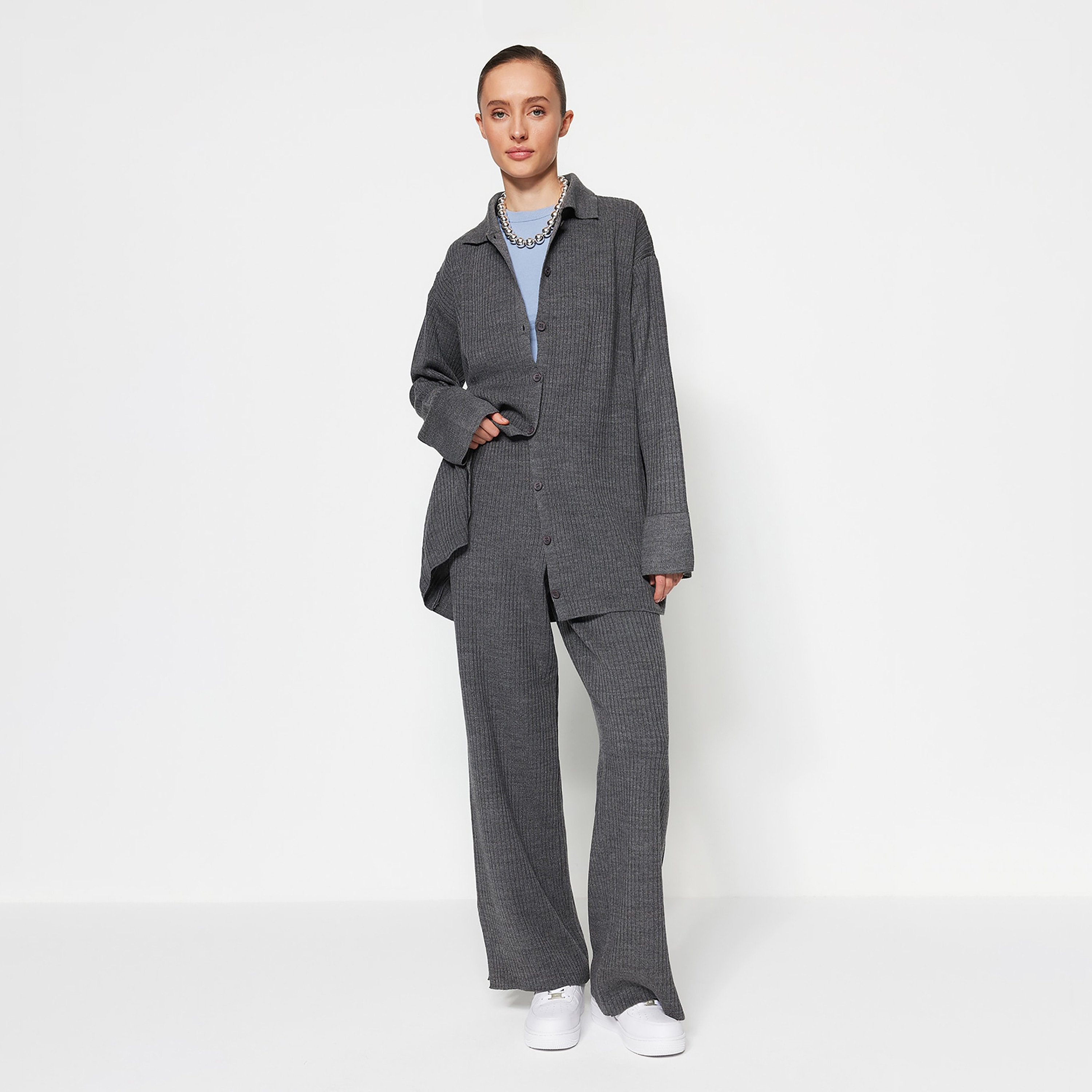 Trendyol Modest Ribbed Collared Dropped Sleeves Women's Cardigan & Pants Set-women-clothing-coordsets-image-1