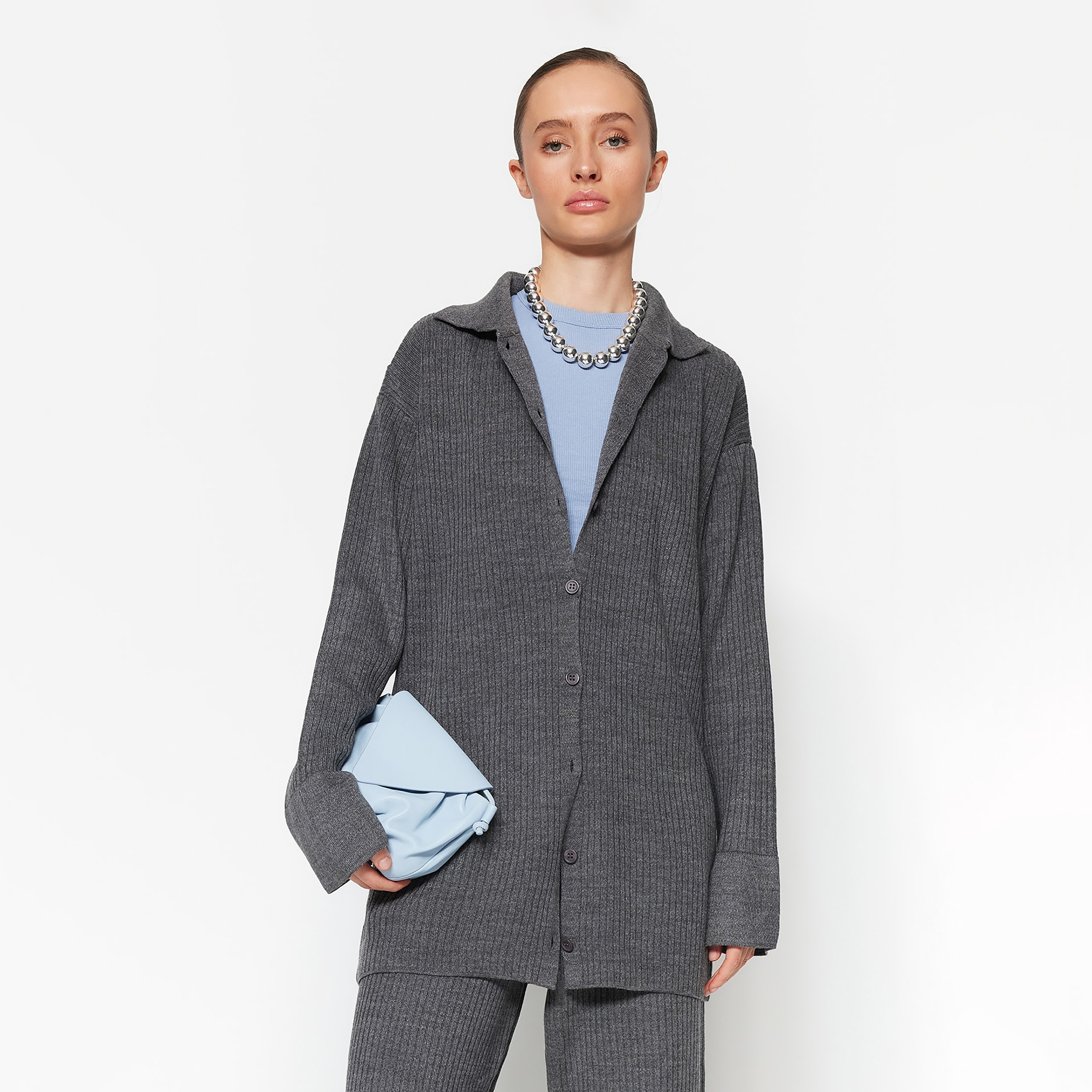 Trendyol Modest Ribbed Collared Dropped Sleeves Women's Cardigan & Pants Set-women-clothing-coordsets-image-2