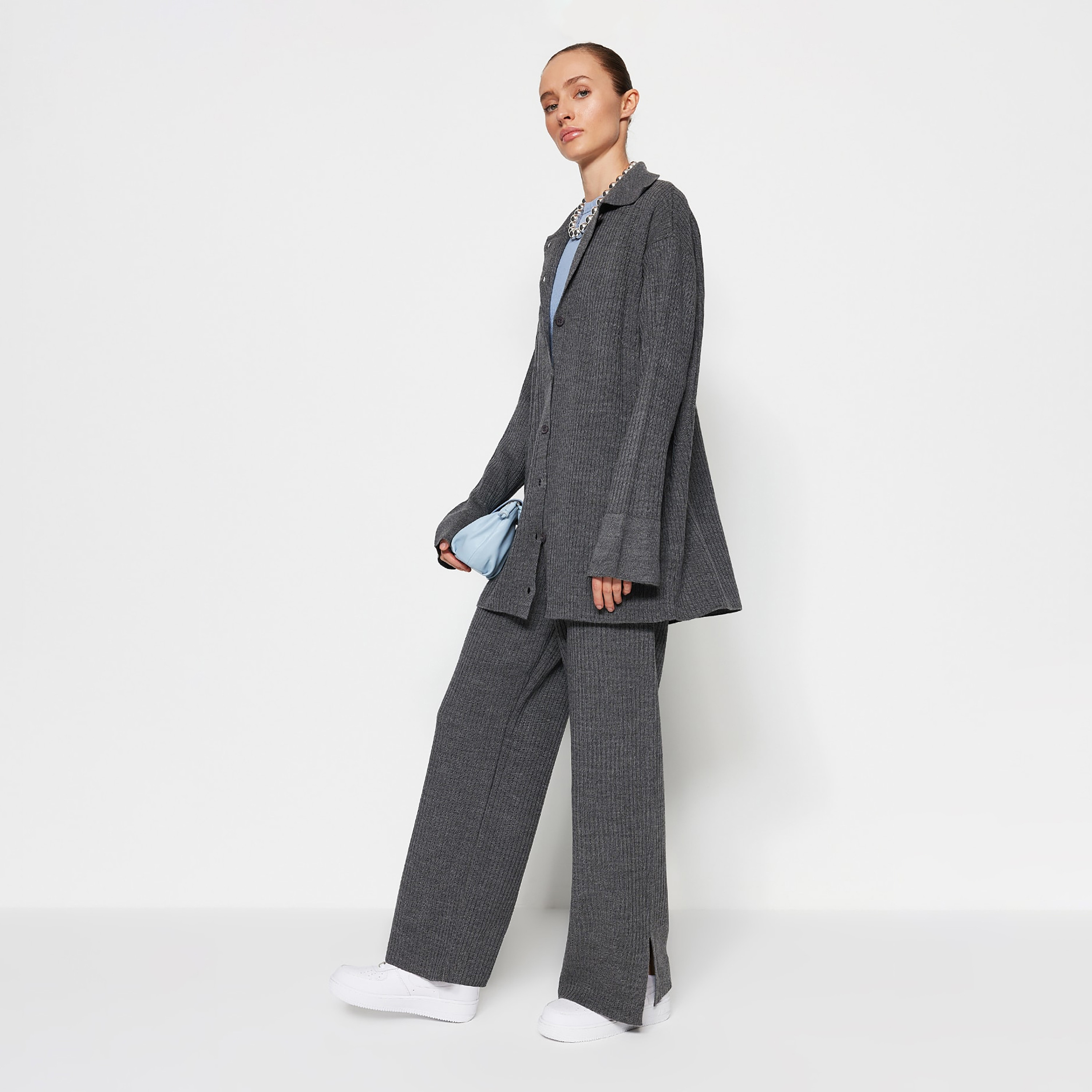 Trendyol Modest Ribbed Collared Dropped Sleeves Women's Cardigan & Pants Set-women-clothing-coordsets-image-4