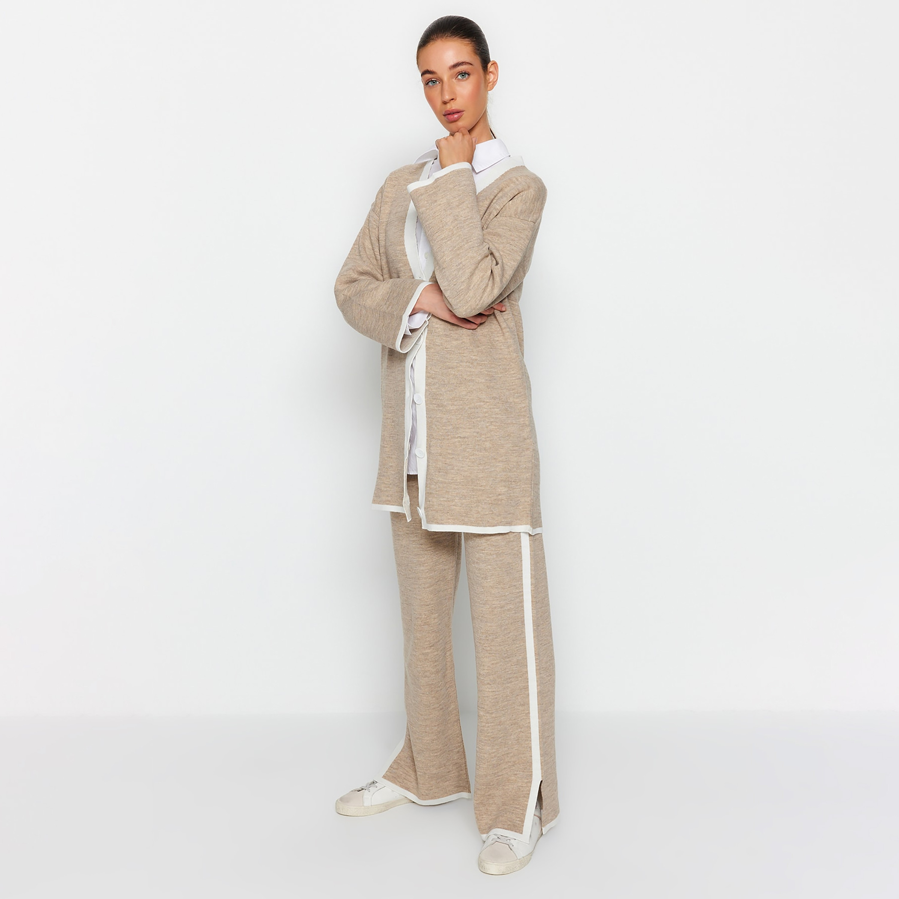 Trendyol Modest Beige Color-Blocked Dropped Sleeves Women's Cardigan & Pants Set-women-clothing-coordsets-image-1