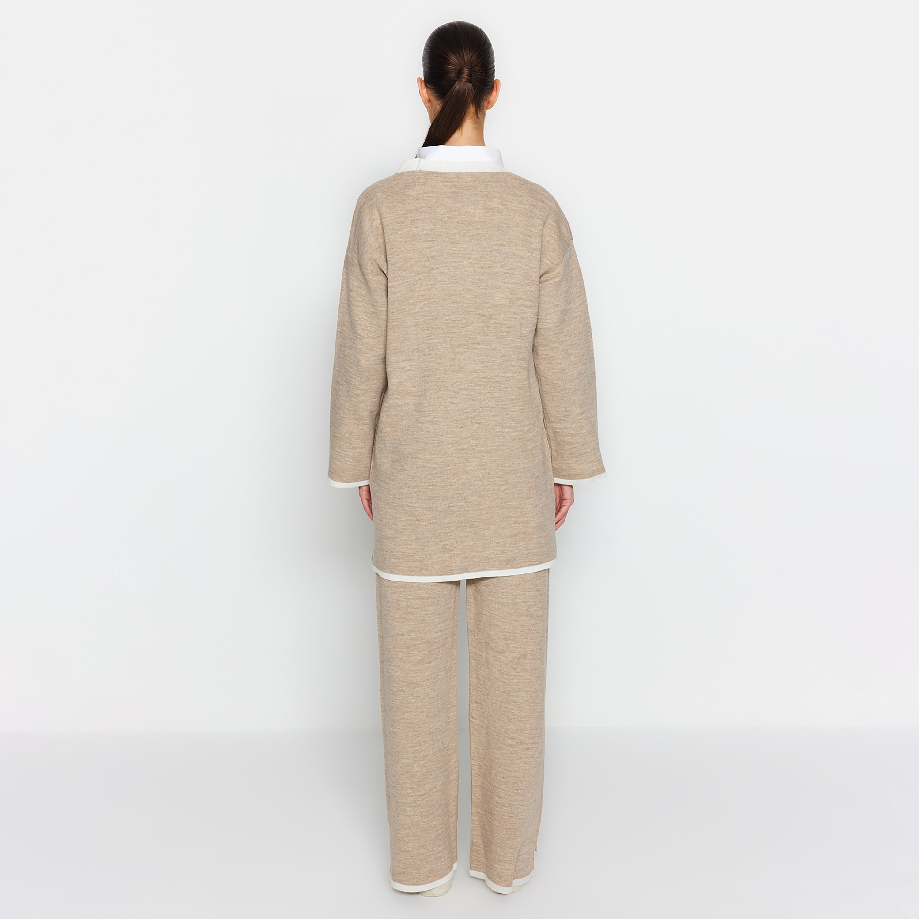Trendyol Modest Beige Color-Blocked Dropped Sleeves Women's Cardigan & Pants Set-women-clothing-coordsets-image-4