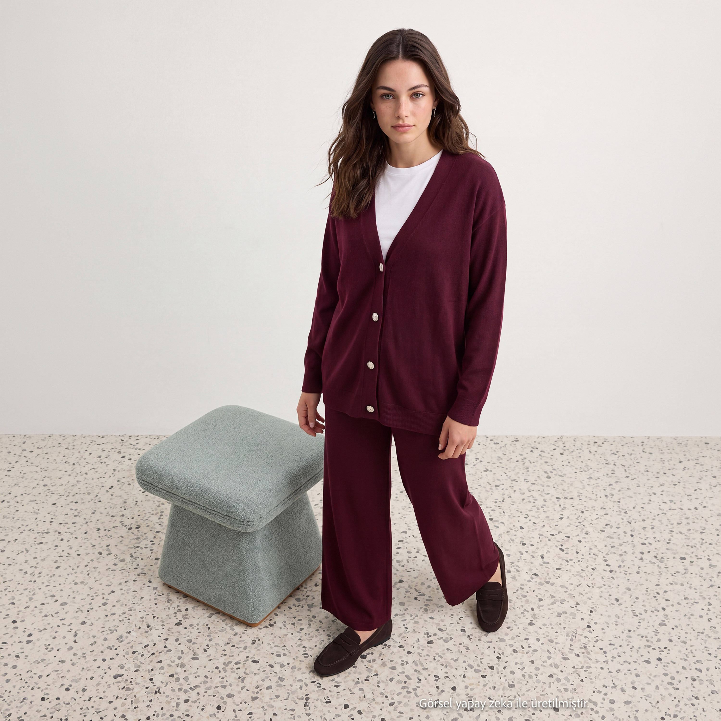 طقم كارديجان وبنطلون حريمي محتشم بأكمام مسدلة من ترينديول-women-clothing-coordsets-image-2