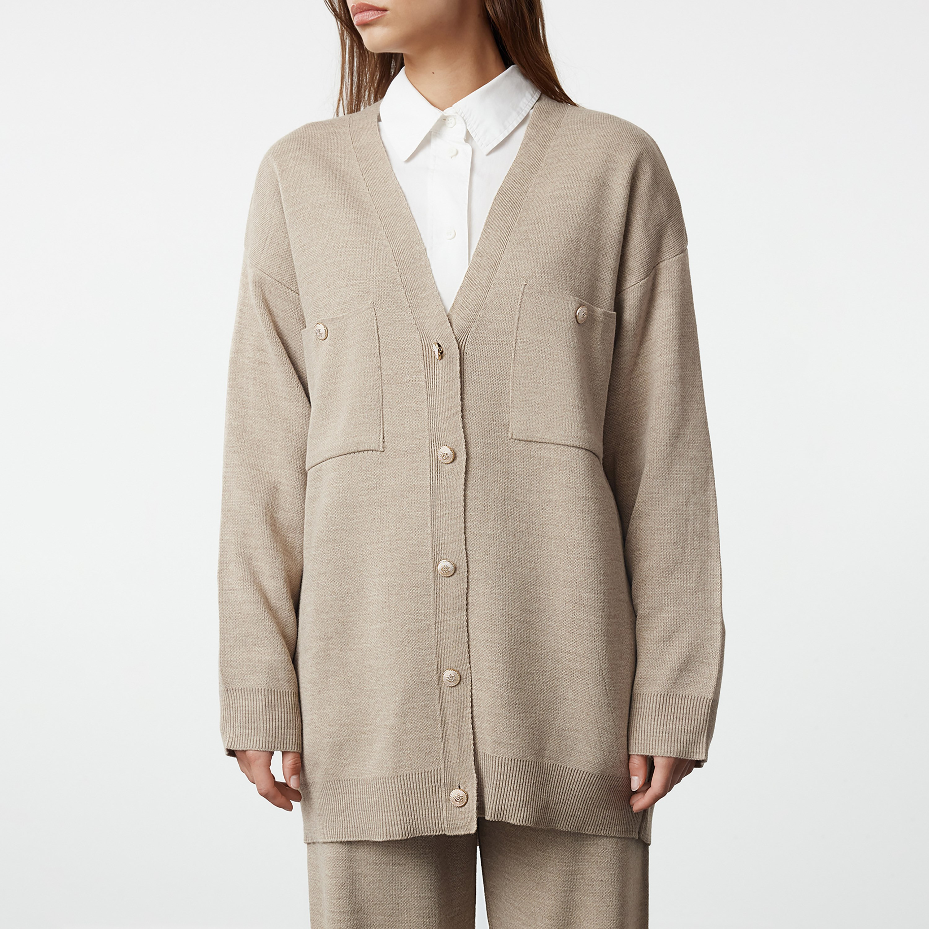 طقم كارديجان وبنطلون حريمي محتشم بيج بأكمام مسدلة من ترينديول-women-clothing-coordsets-image-4