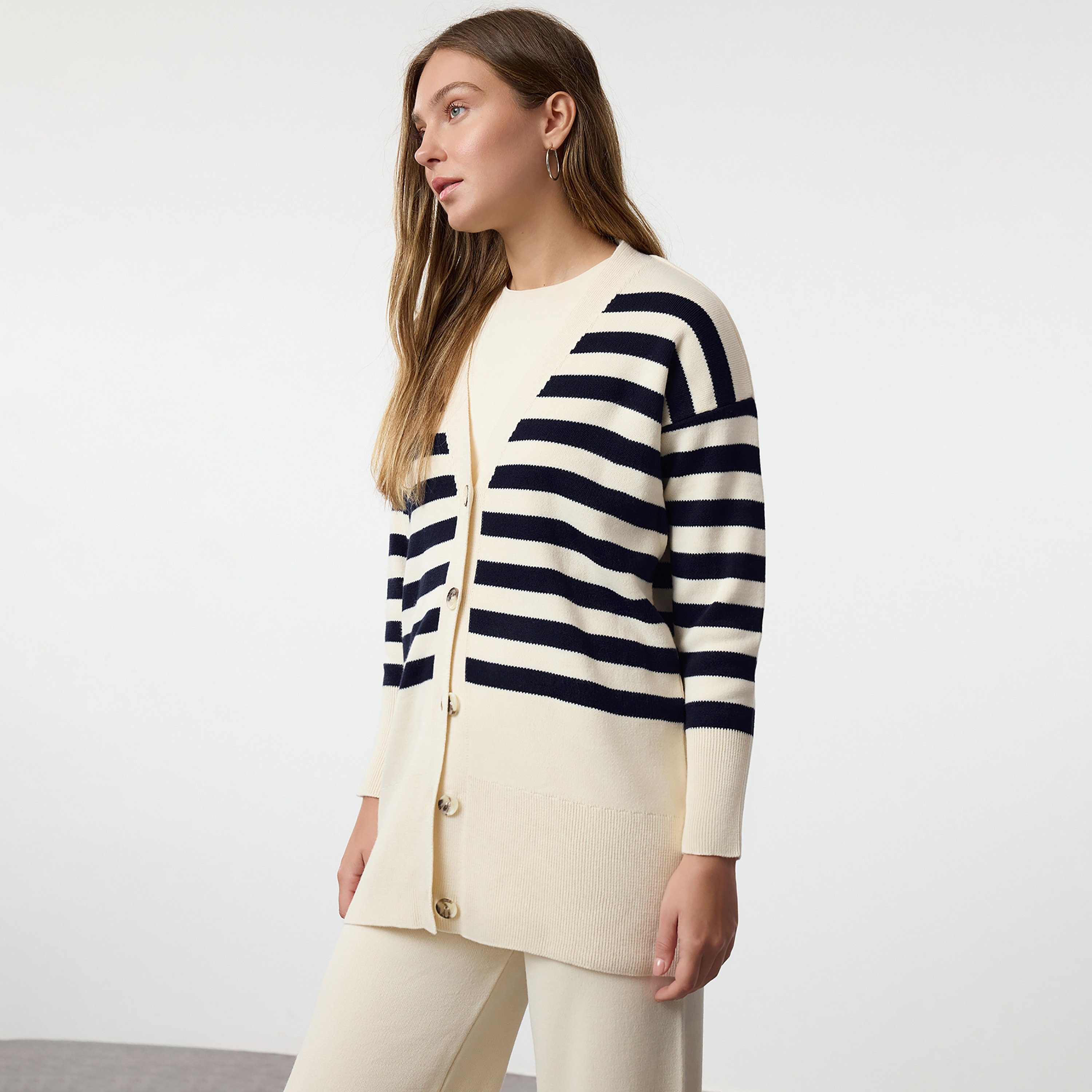 Trendyol Modest Stone Striped Dropped Sleeves Women's Cardigan & Pants Set-women-clothing-coordsets-image-4